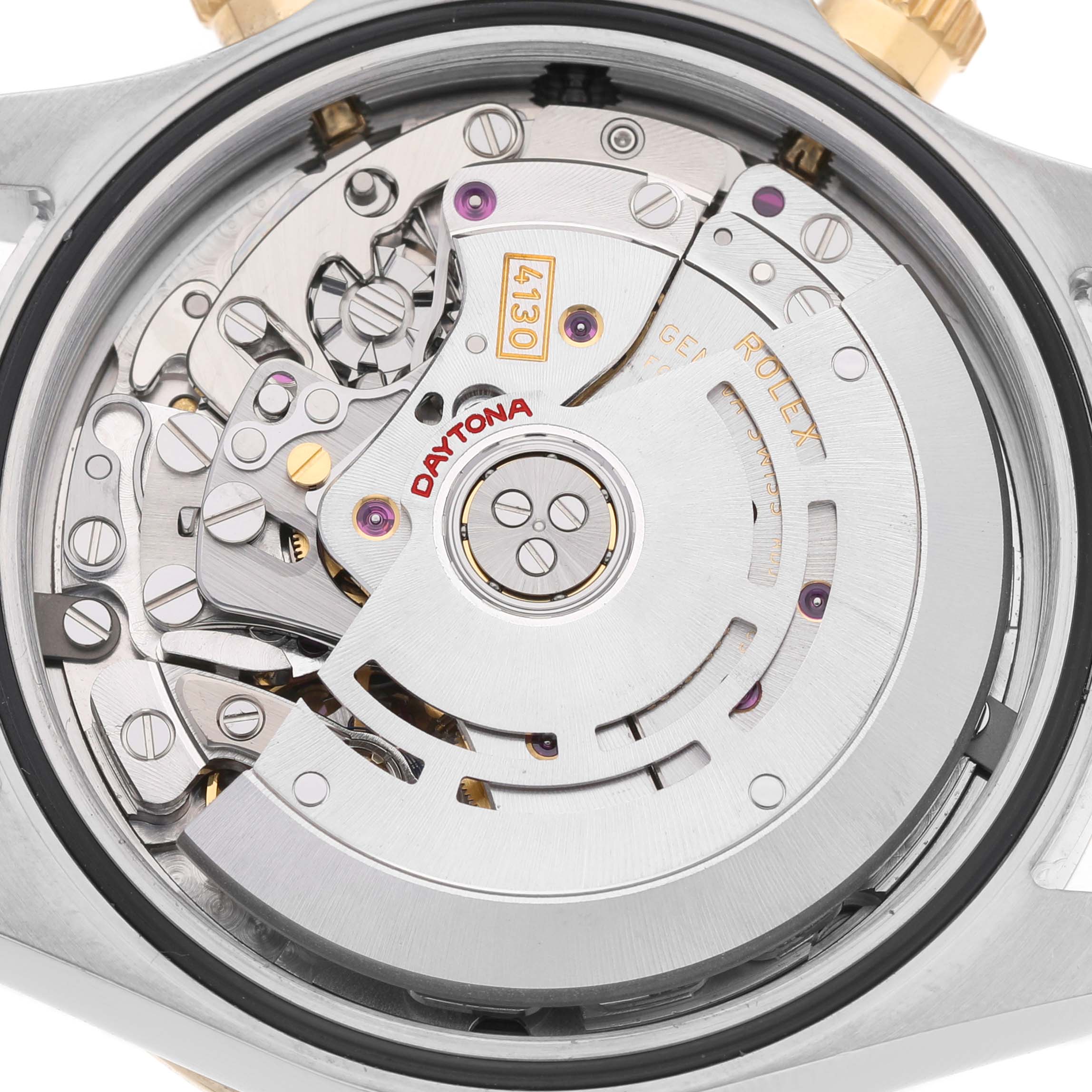 This image shows the internal movement of a Rolex Daytona 116523 Men's Steel and Gold (two tone) Blue Dial watch, viewed from the back.