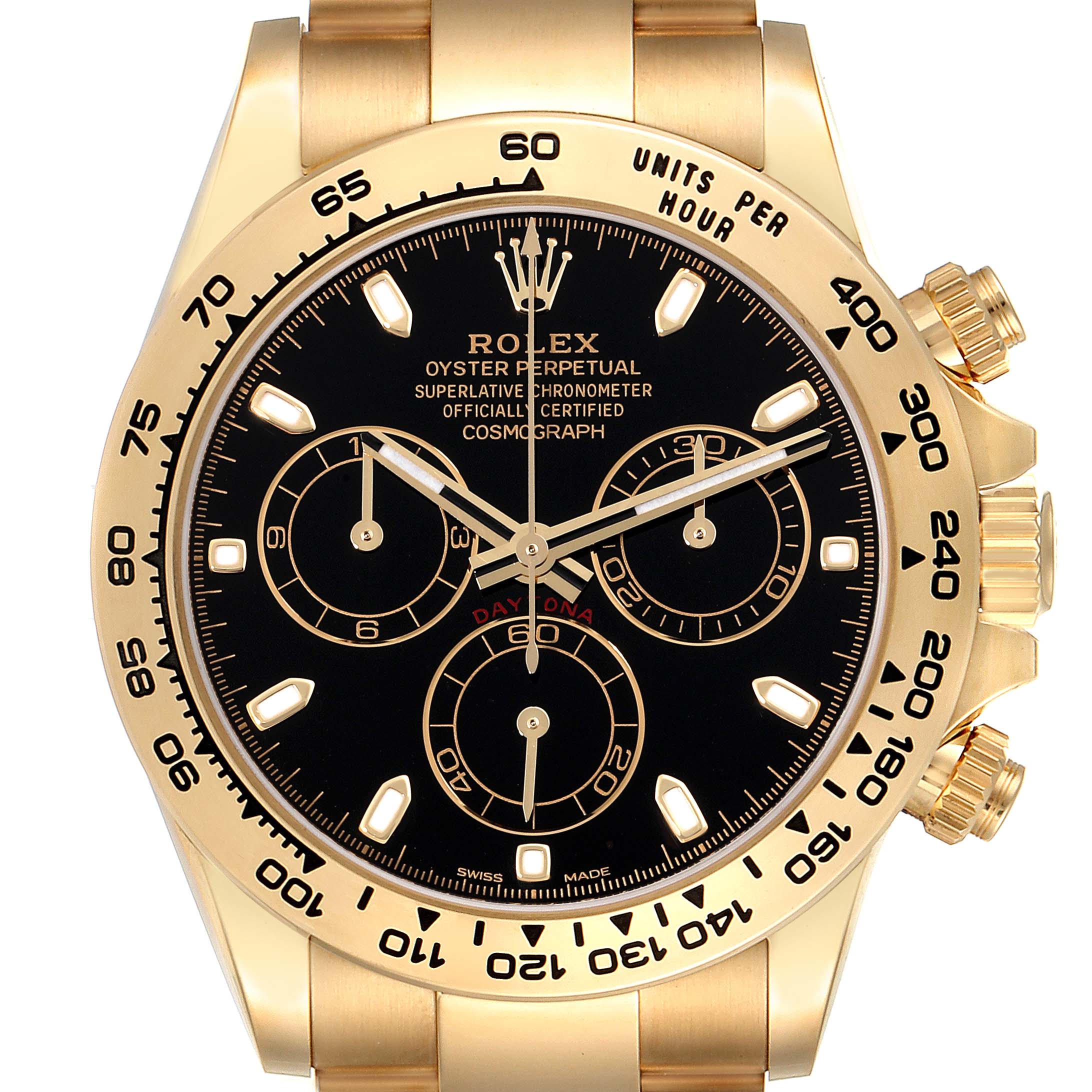 The image shows a front, close-up view of the Rolex Daytona 116508 Men's Yellow Gold Black Dial 116508 Men's Yellow Gold Black Dial watch, highlighting its black dial, gold casing, and bezel.