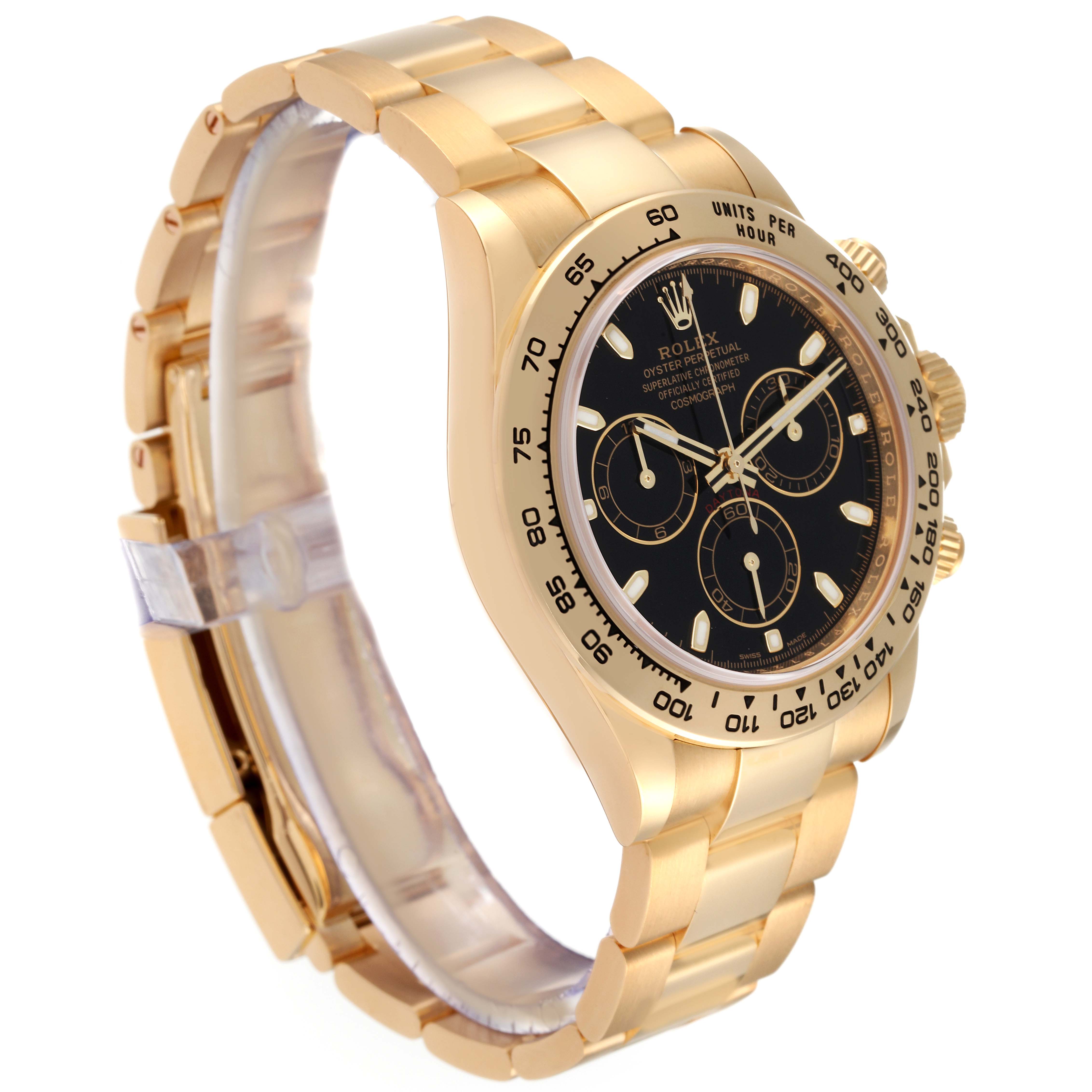 The image shows a side angle of a Rolex Daytona 116508 Men's Yellow Gold Black Dial 116508 Men's Yellow Gold Black Dial watch, highlighting the gold bracelet, bezel, and black dial.