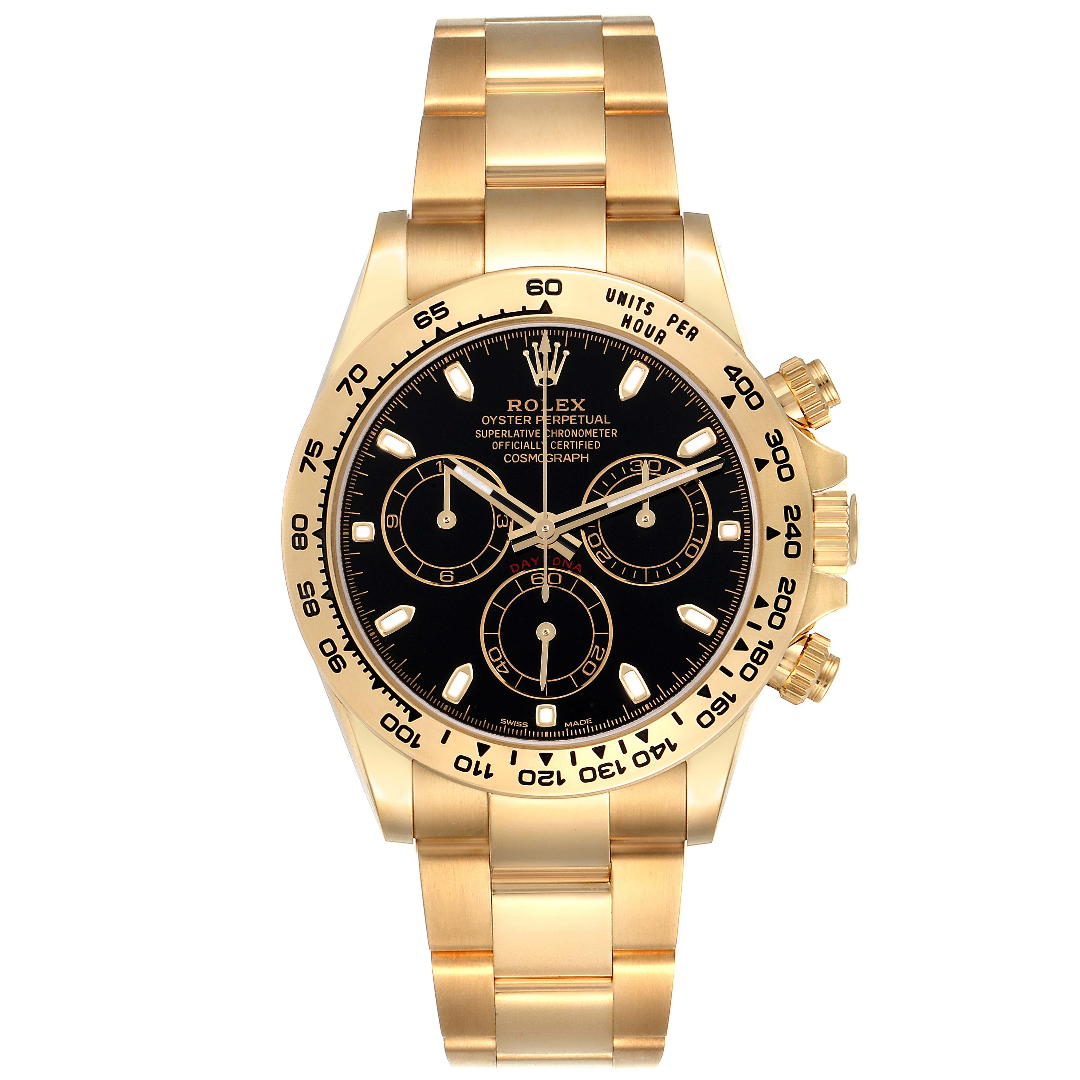 The image shows a frontal view of a Rolex Daytona 116508 Men's Yellow Gold Black Dial 116508 Men's Yellow Gold Black Dial watch with a gold band and black dial featuring three sub-dials.