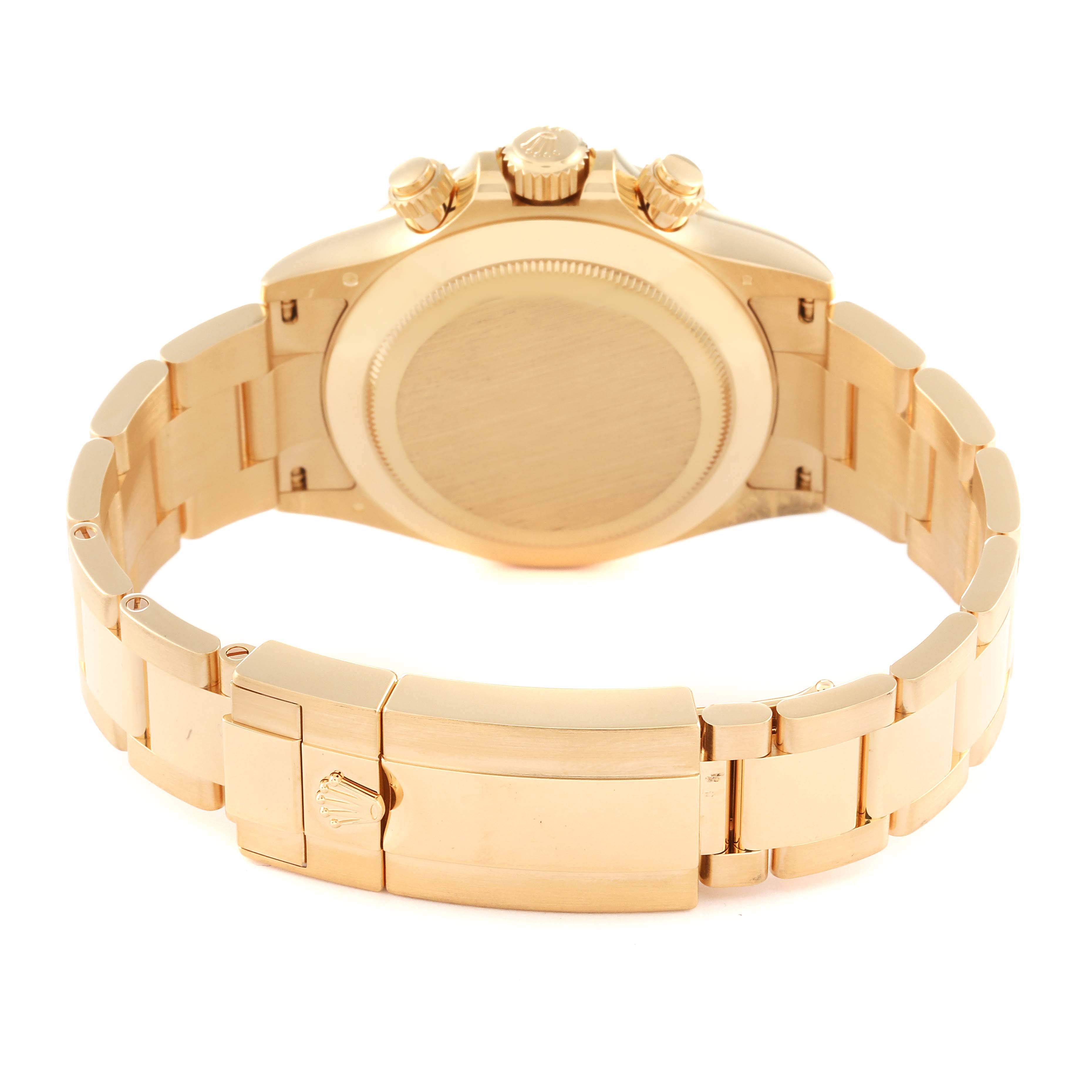 The image shows the back of the Rolex Daytona 116508 Men's Yellow Gold Black Dial 116508 Men's Yellow Gold Black Dial watch, highlighting the clasp and bracelet in gold.