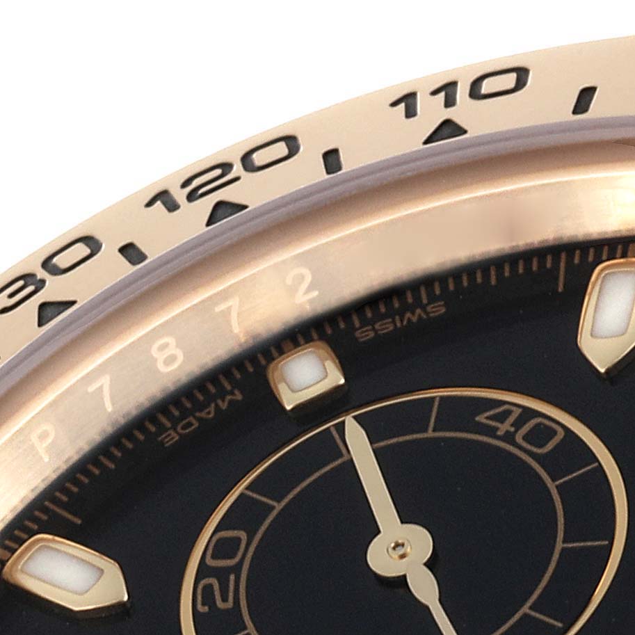 The image shows a partial close-up of the bezel, dial, and chronograph markings on a Rolex Daytona 116508 Men's Yellow Gold Black Dial 116508 Men's Yellow Gold Black Dial watch.
