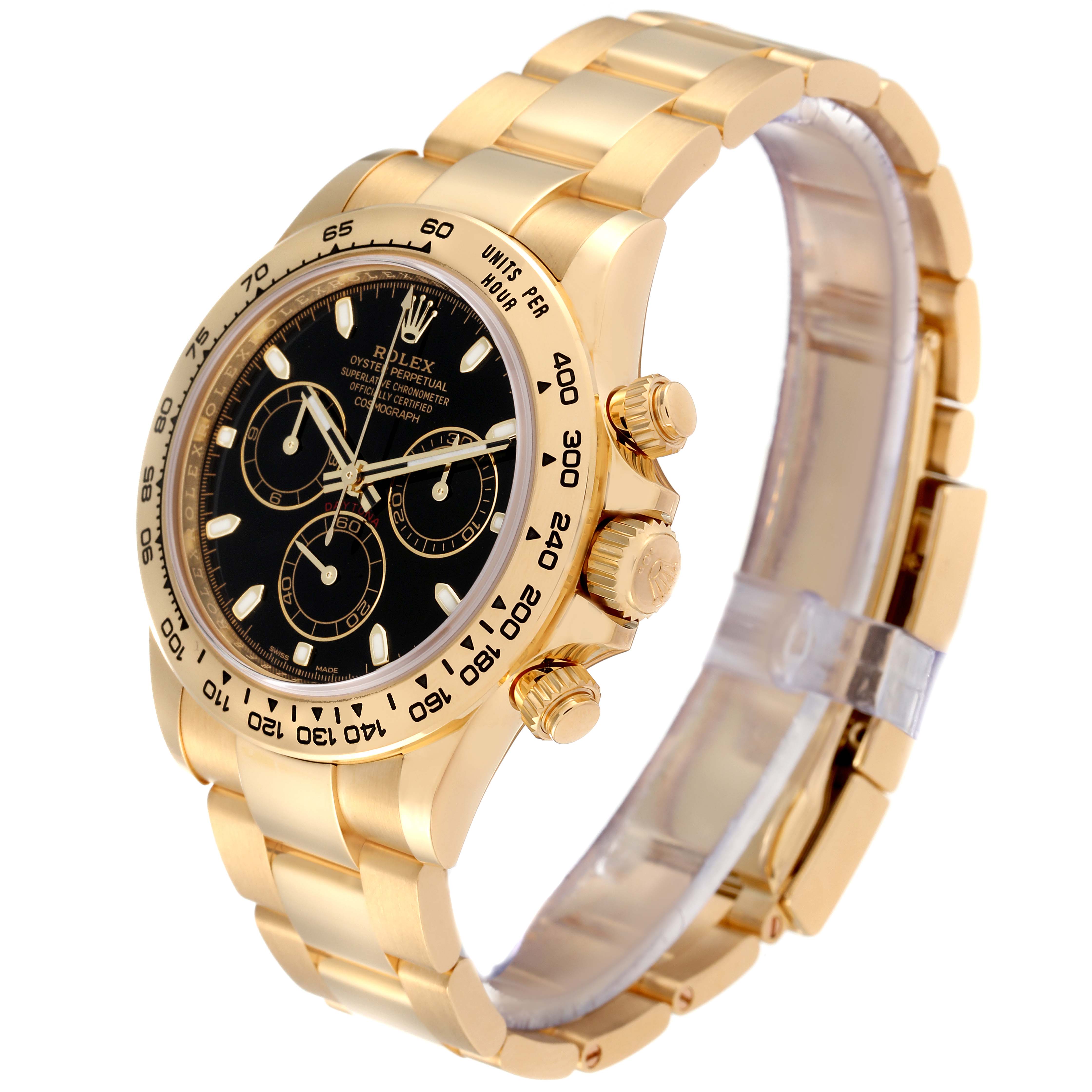 The image shows a gold Rolex Daytona 116508 Men's Yellow Gold Black Dial 116508 Men's Yellow Gold Black Dial watch at a 3/4 angle, highlighting the bracelet, bezel, crown, and chronograph sub-dials.
