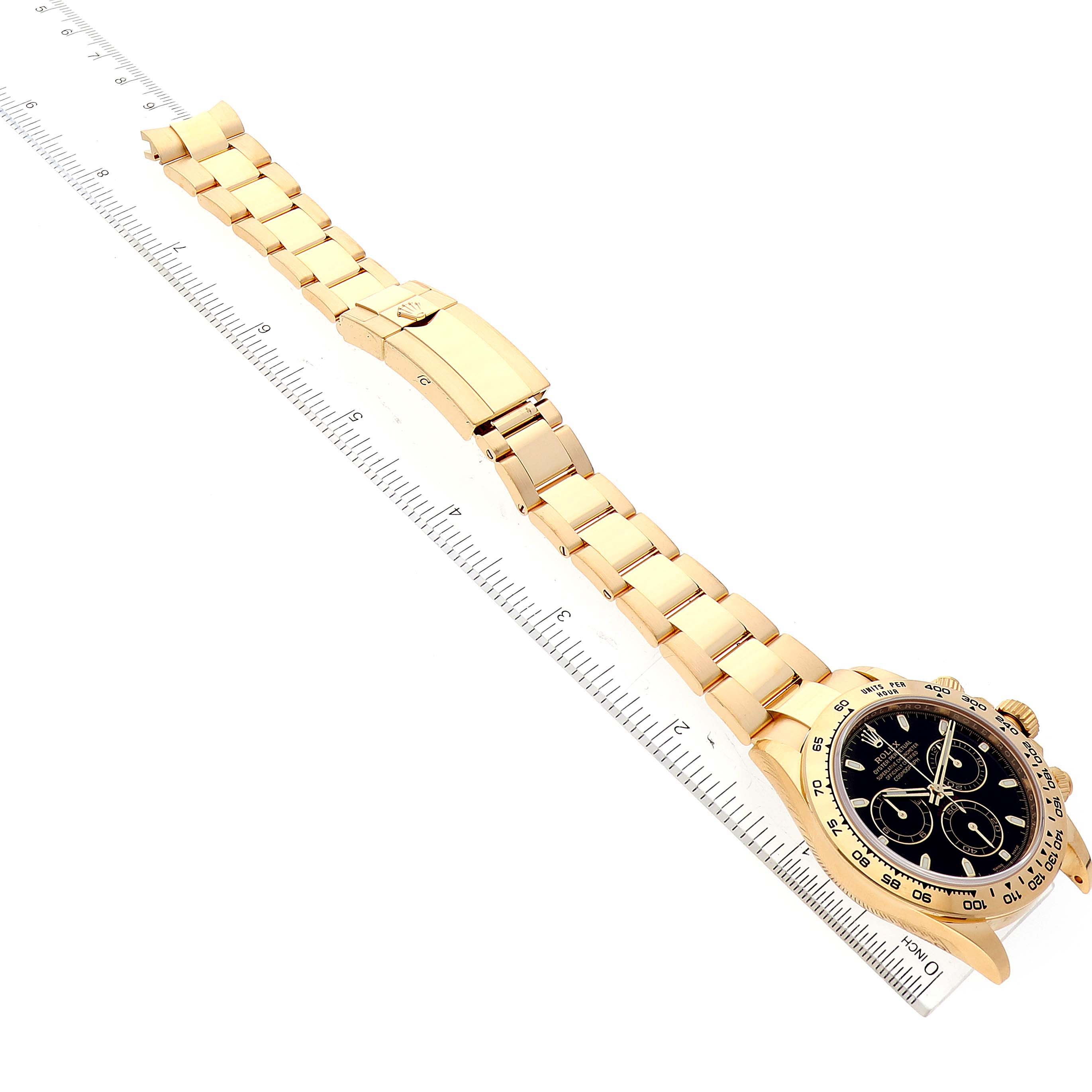 The Rolex Daytona 116508 Men's Yellow Gold Black Dial 116508 Men's Yellow Gold Black Dial watch is displayed diagonally, showing its gold bracelet, clasp, case, and black dial.
