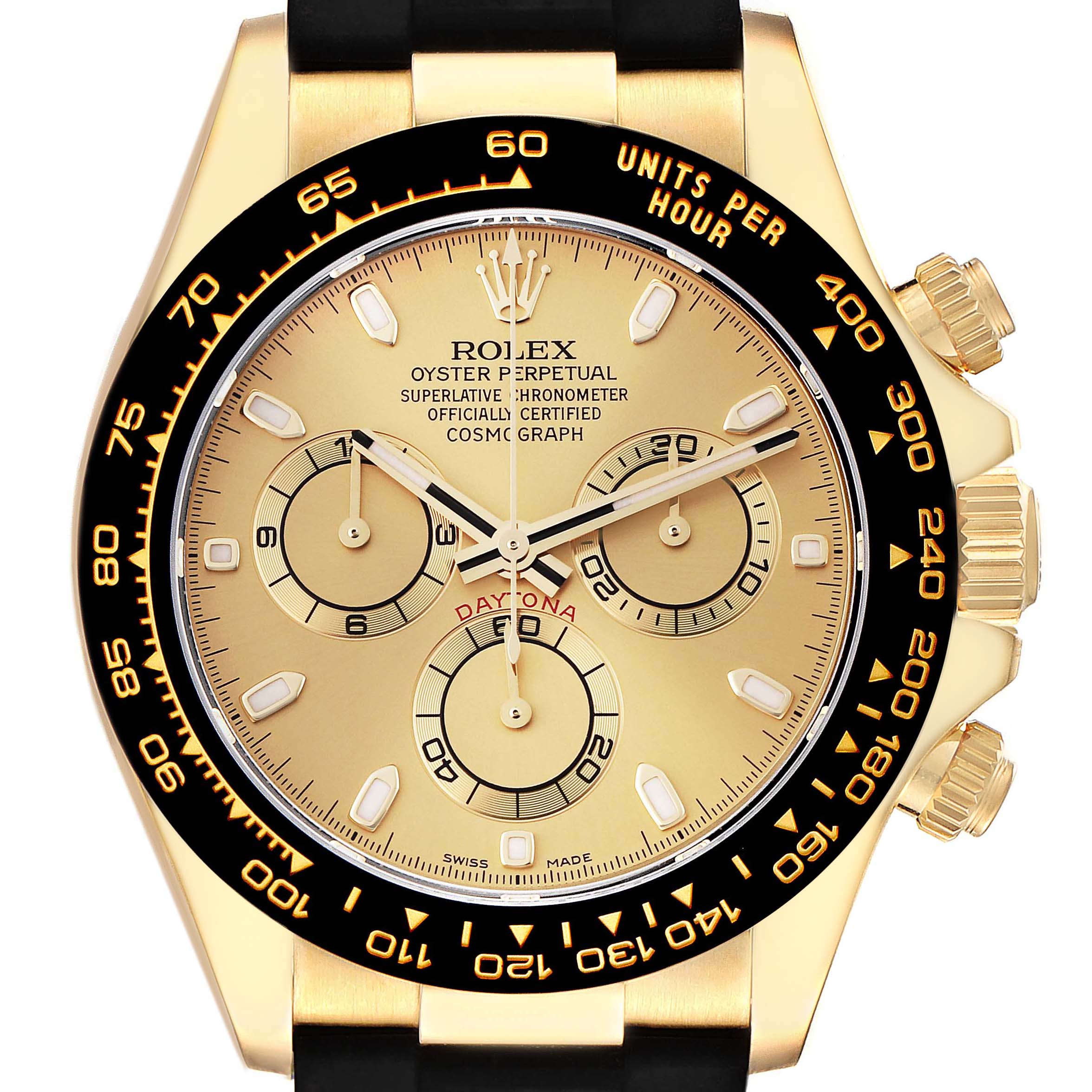 This image shows a front angle of a Rolex Daytona 116518 Men's Yellow Gold Champagne Dial 116518 Men's Yellow Gold Champagne Dial watch, highlighting its dial, bezel, subdials, and crown.