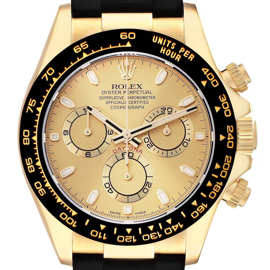 Rolex Daytona Yellow Gold Champagne Dial Ceramic Bezel Mens Watch 116518 Unworn SwissWatchExpo