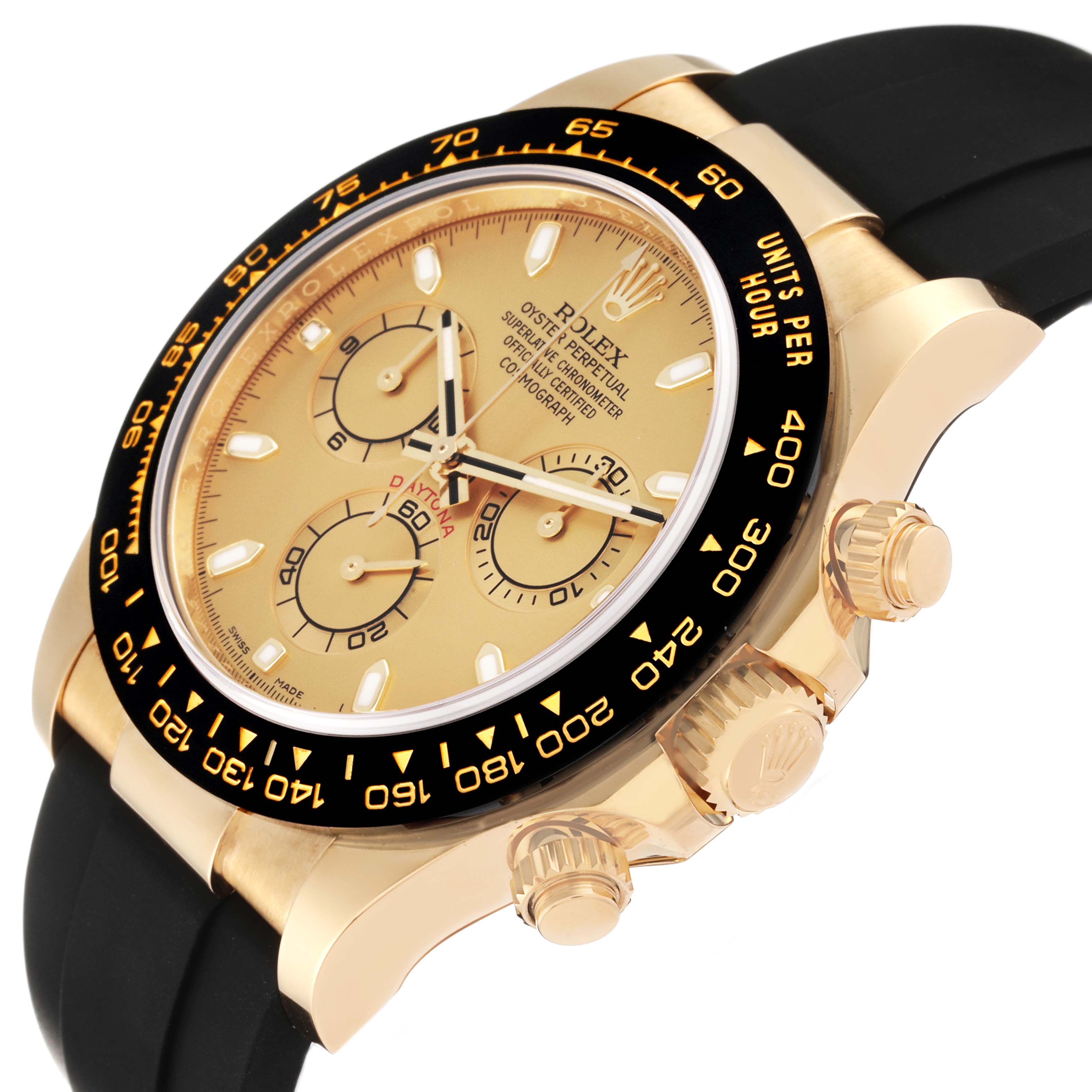 The Rolex Daytona 116518 Men's Yellow Gold Champagne Dial 116518 Men's Yellow Gold Champagne Dial watch is shown at an oblique angle, highlighting its dial, bezel, crown, and pushers.