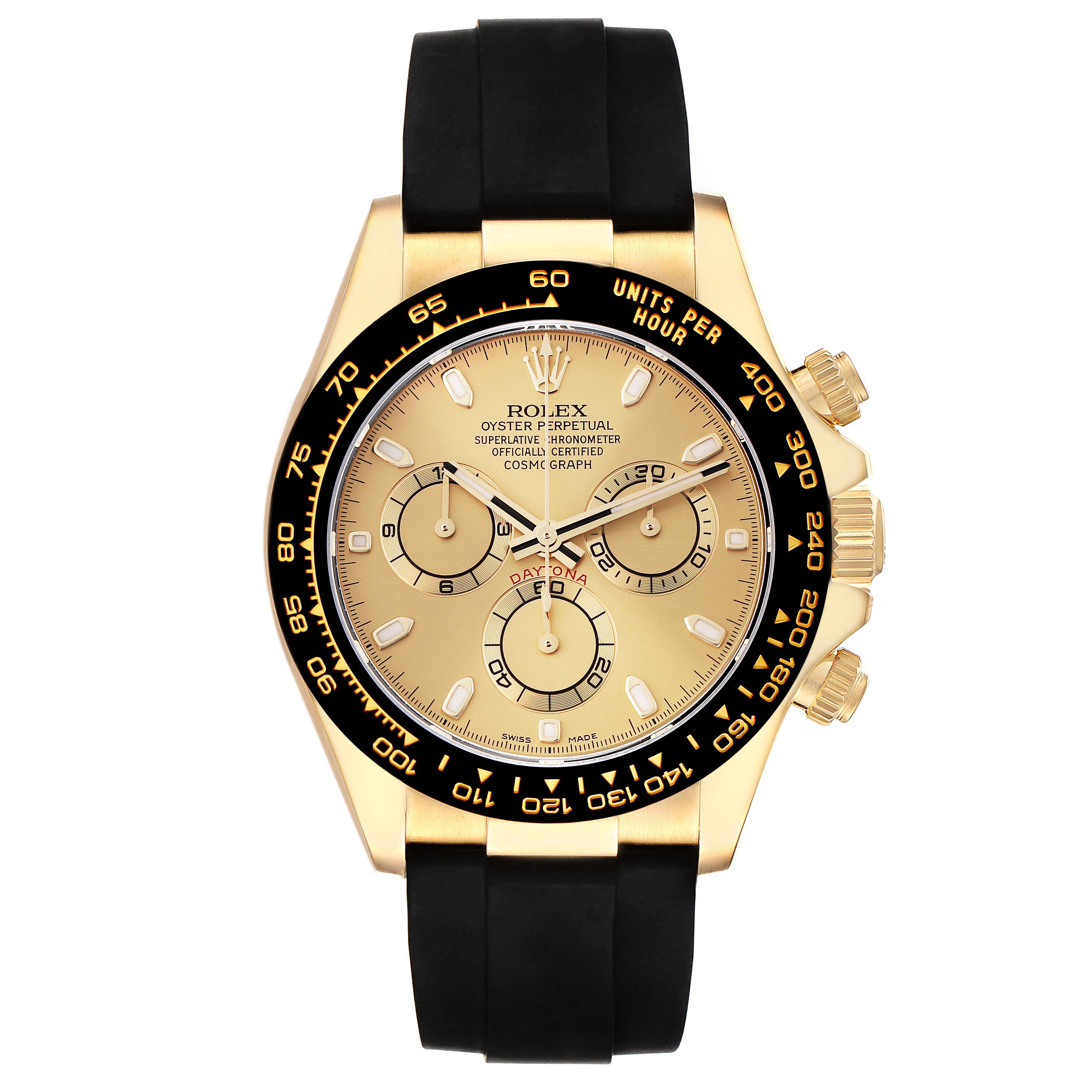 The image shows a front view of a Rolex Daytona 116518 Men's Yellow Gold Champagne Dial 116518 Men's Yellow Gold Champagne Dial watch with a gold dial, black bezel, and black rubber strap.