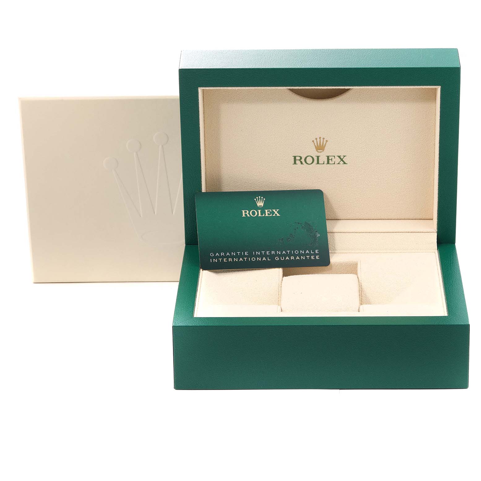 The image shows an open Rolex Daytona 116518 Men's Yellow Gold Champagne Dial 116518 Men's Yellow Gold Champagne Dial watch box, including the warranty card and inner compartments, angled slightly to the left.