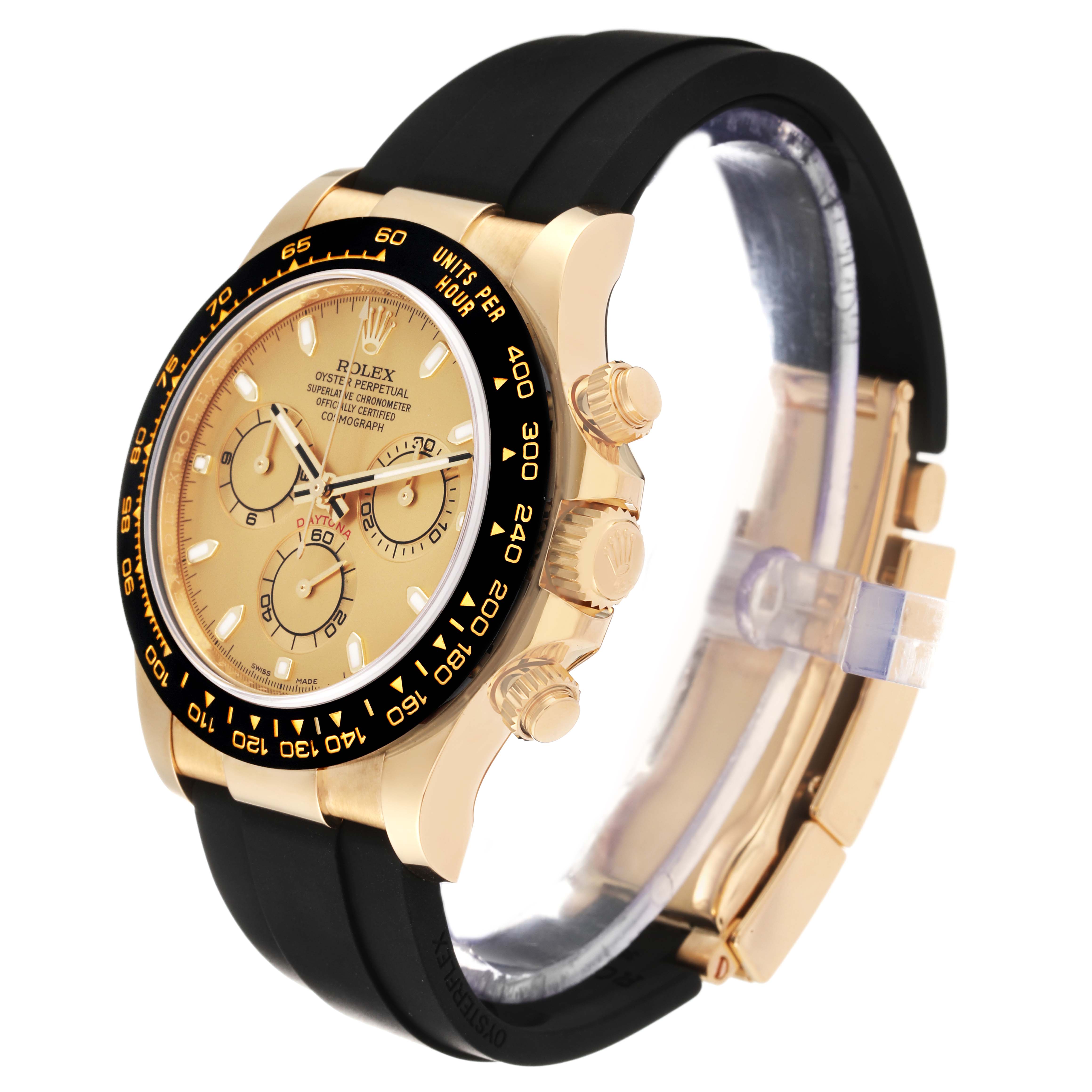 This image shows a side angle of a Rolex Daytona 116518 Men's Yellow Gold Champagne Dial 116518 Men's Yellow Gold Champagne Dial watch, highlighting its golden case, black bezel, dials, and black strap.