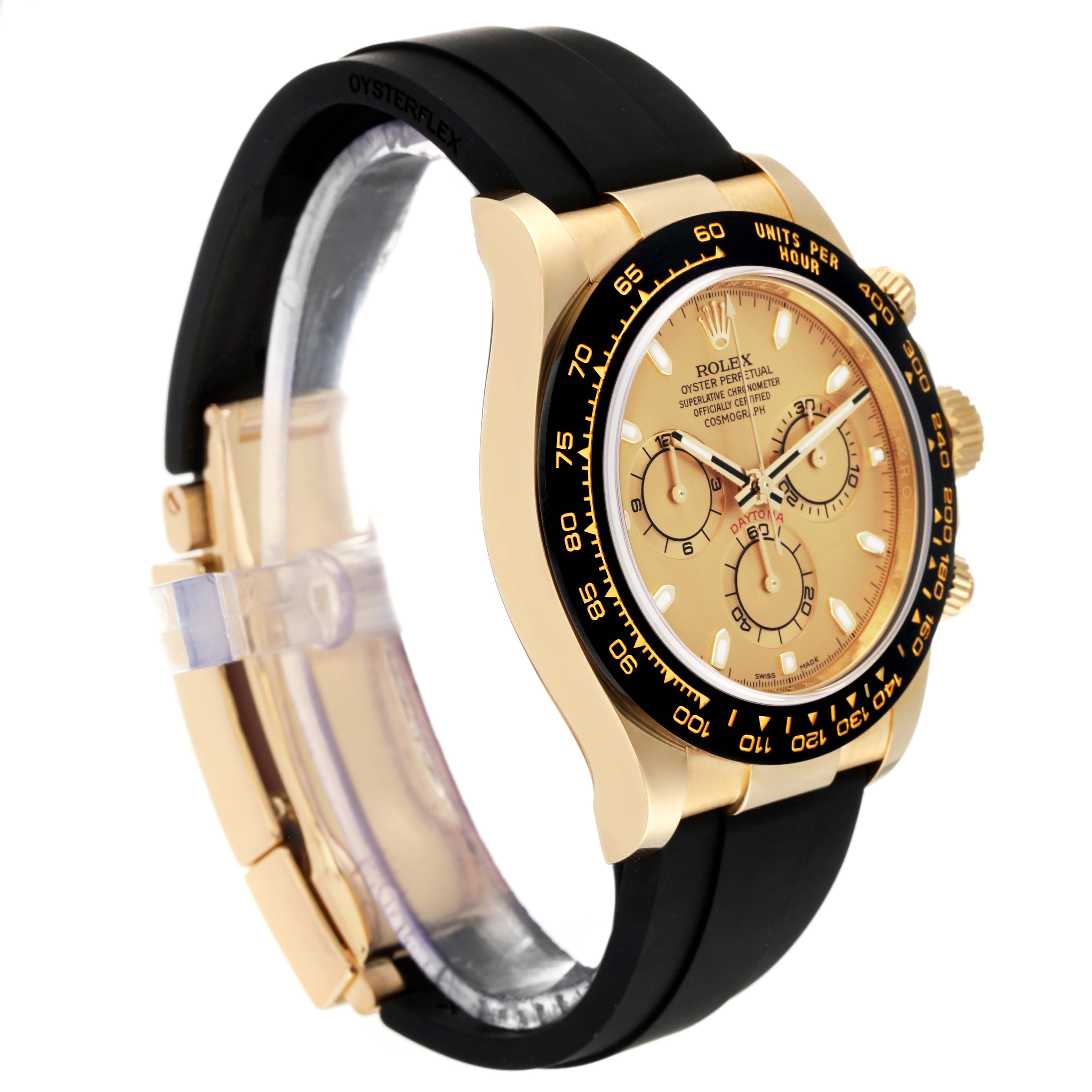This image shows a side angle of the Rolex Daytona 116518 Men's Yellow Gold Champagne Dial 116518 Men's Yellow Gold Champagne Dial watch, featuring the bezel, dial, pushers, and black rubber strap.