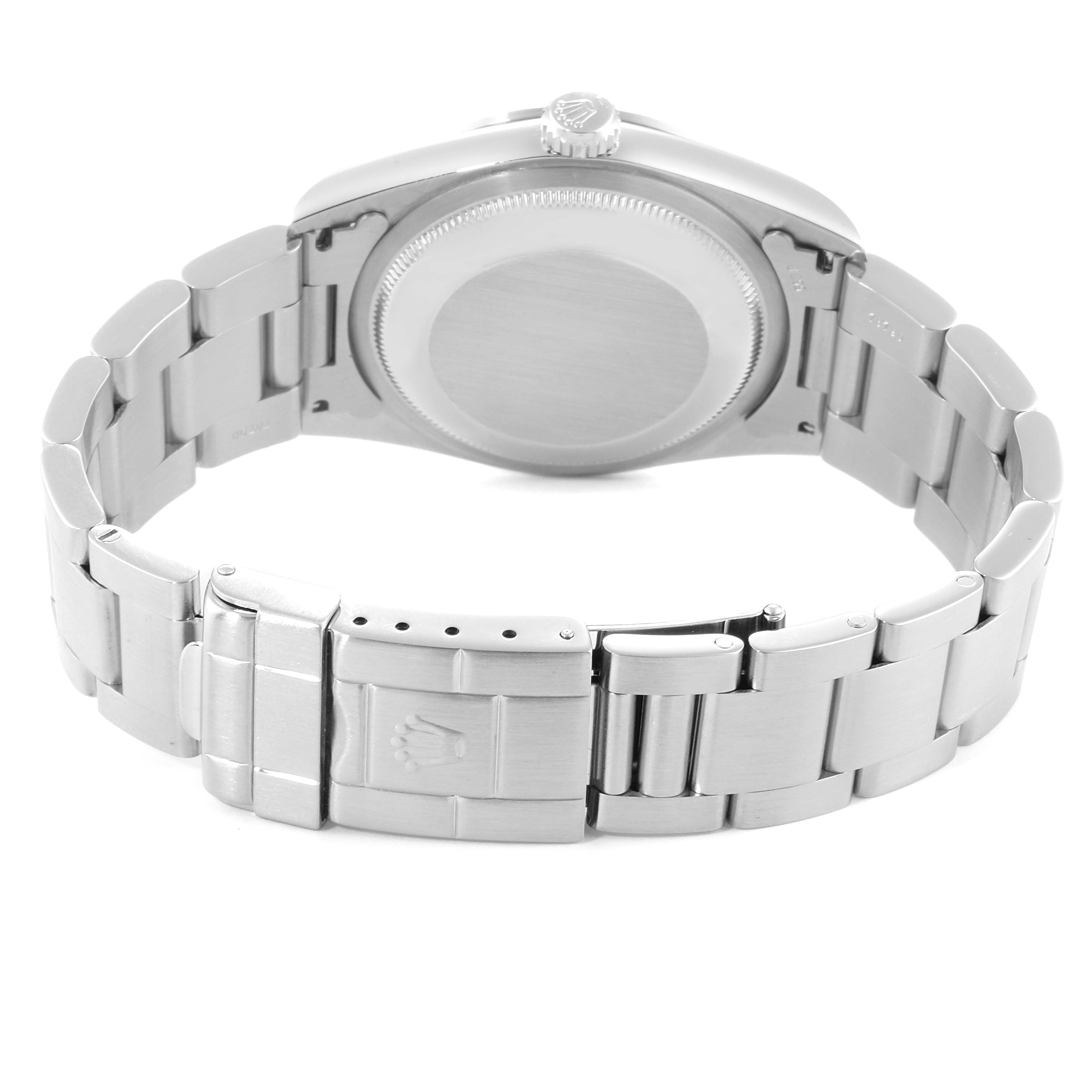 This image shows the back view of the Rolex Explorer 14270 Men
s Stainless Steel Black Dial 14270 Men
s Stainless Steel Black Dial watch, highlighting the clasp, bracelet, and case back.