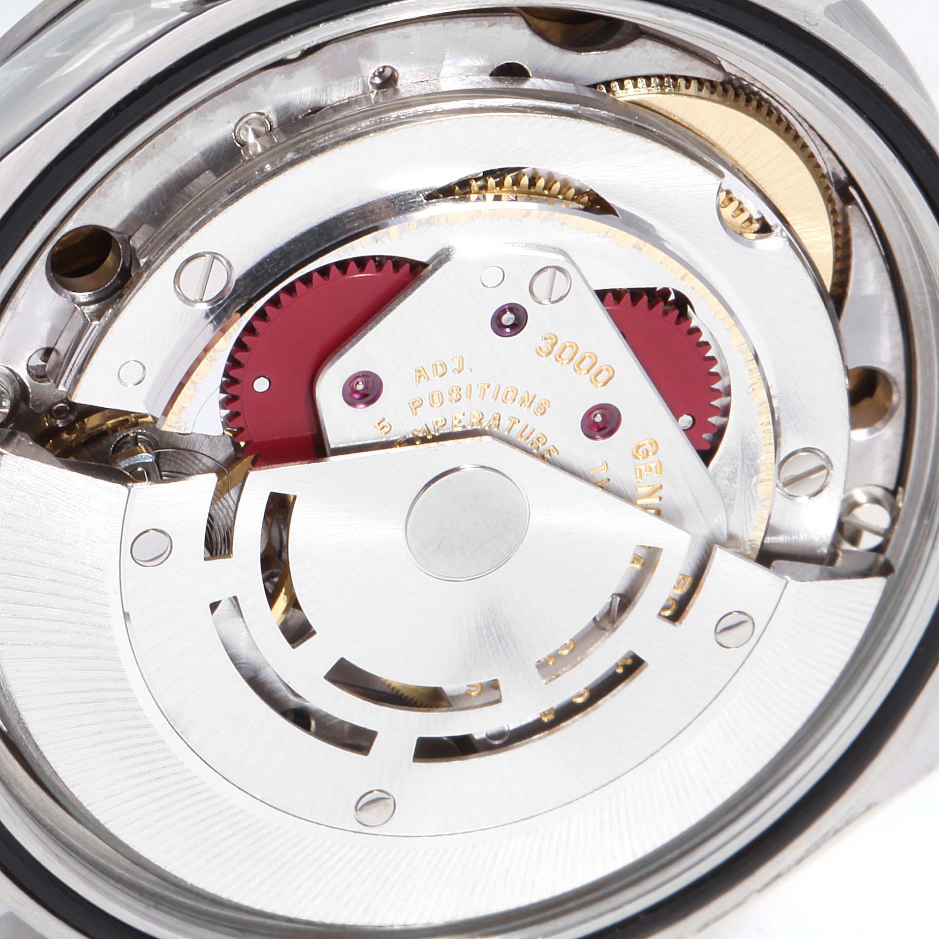 This image shows a close-up view of the internal mechanism of a Rolex Explorer 14270 Men
s Stainless Steel Black Dial 14270 Men
s Stainless Steel Black Dial watch.