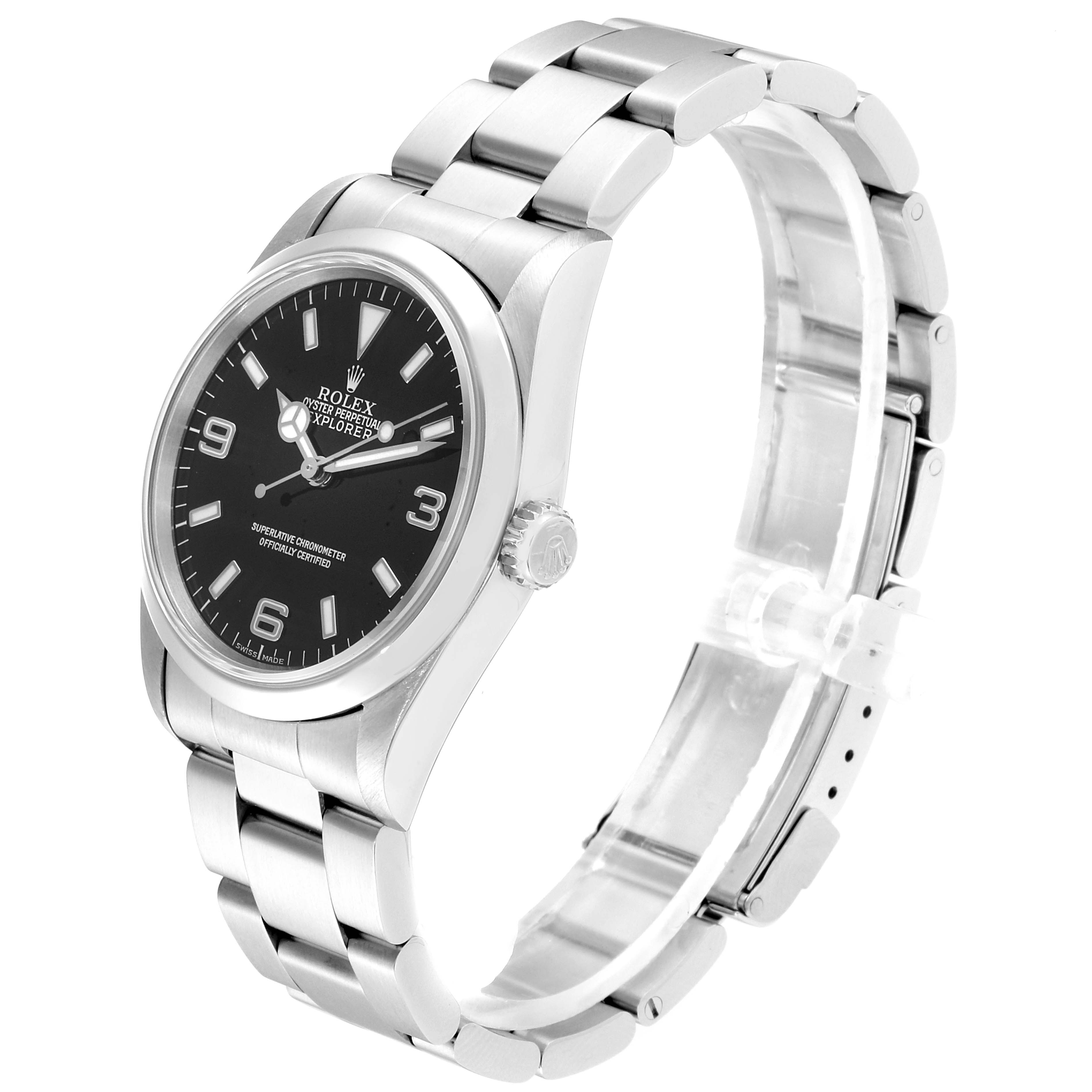 The Rolex Explorer 14270 Men
s Stainless Steel Black Dial 14270 Men
s Stainless Steel Black Dial model watch is shown at an angled side view, displaying the face, crown, and metal bracelet.