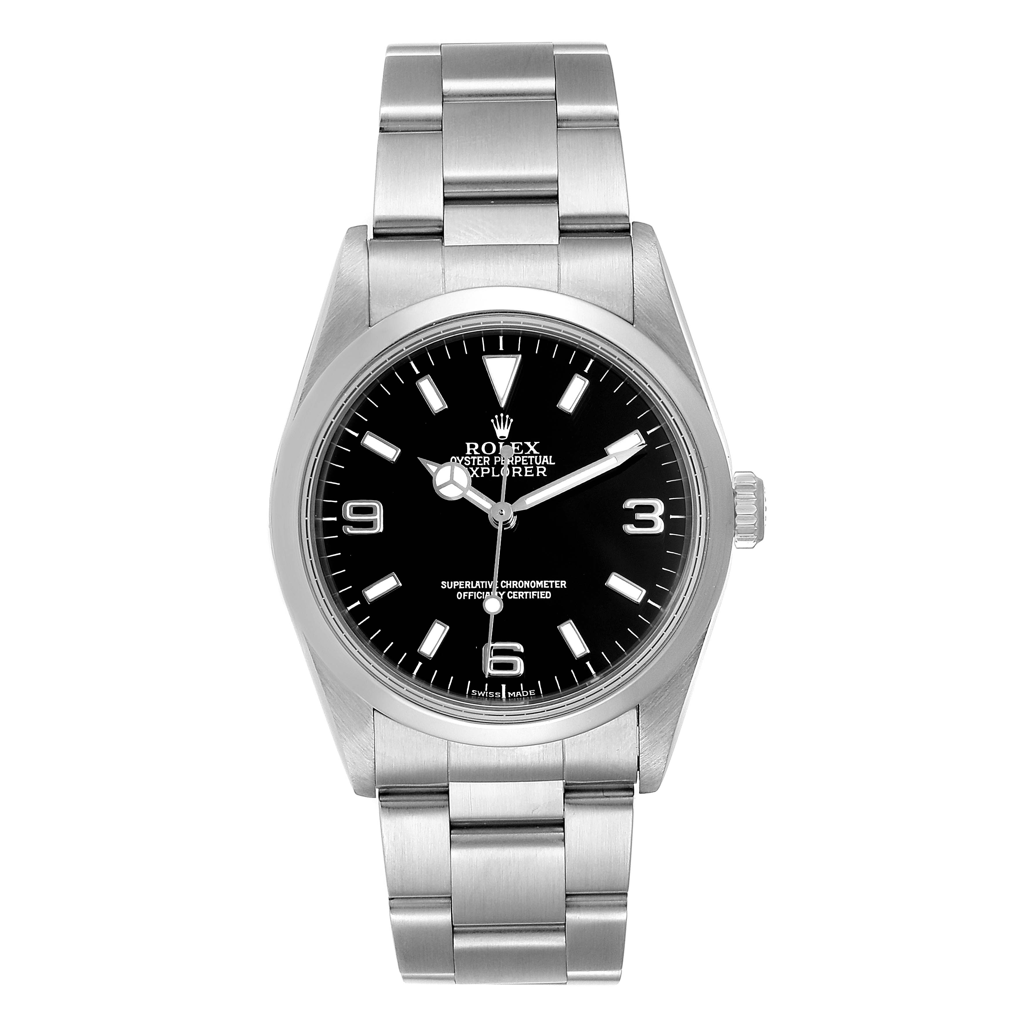 This image shows the front view of a Rolex Explorer 14270 Men
s Stainless Steel Black Dial 14270 Men
s Stainless Steel Black Dial watch, featuring the dial, bezel, crown, and stainless steel bracelet.