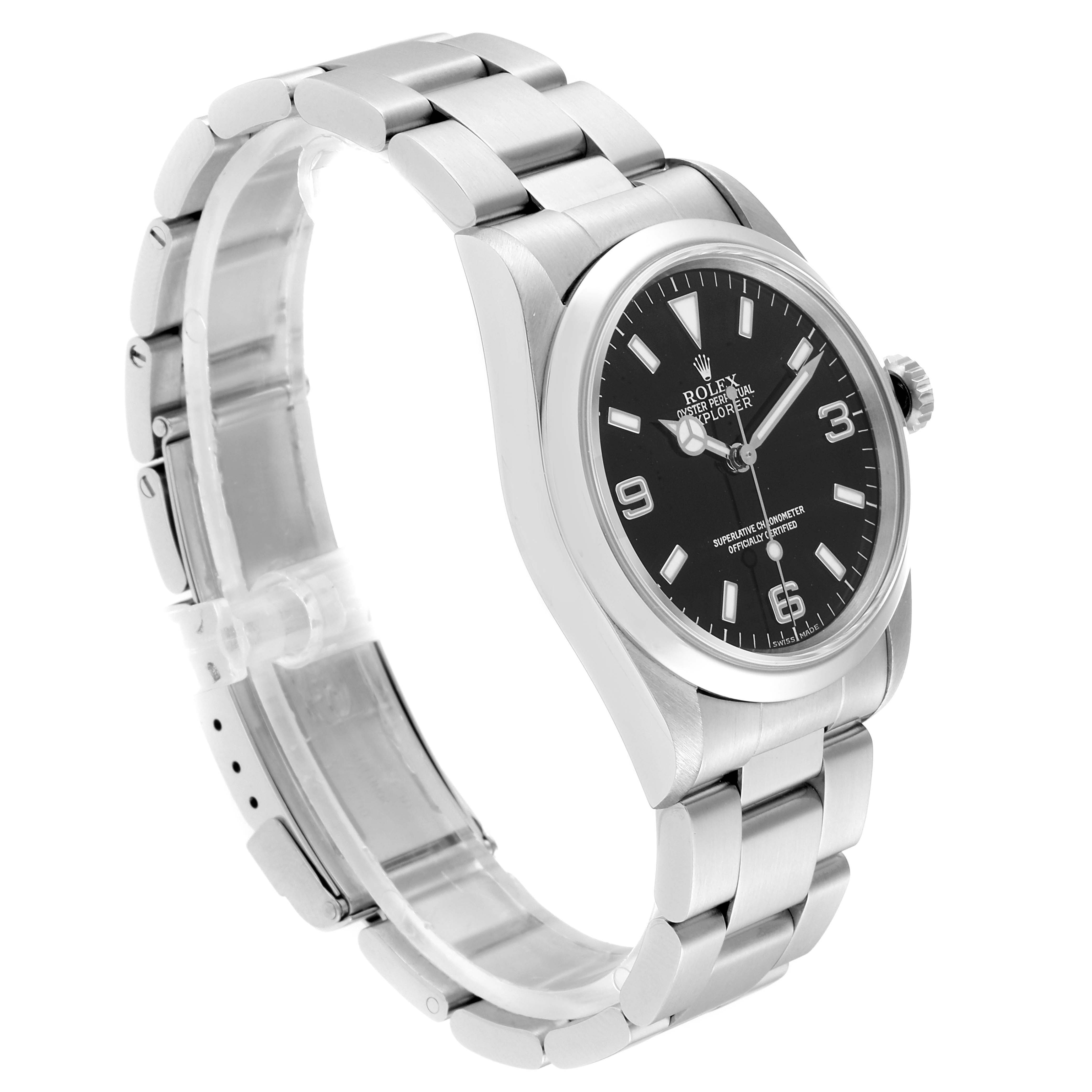 This image shows a side angle of the Rolex Explorer 14270 Men
s Stainless Steel Black Dial 14270 Men
s Stainless Steel Black Dial watch, highlighting the dial, bezel, and bracelet.