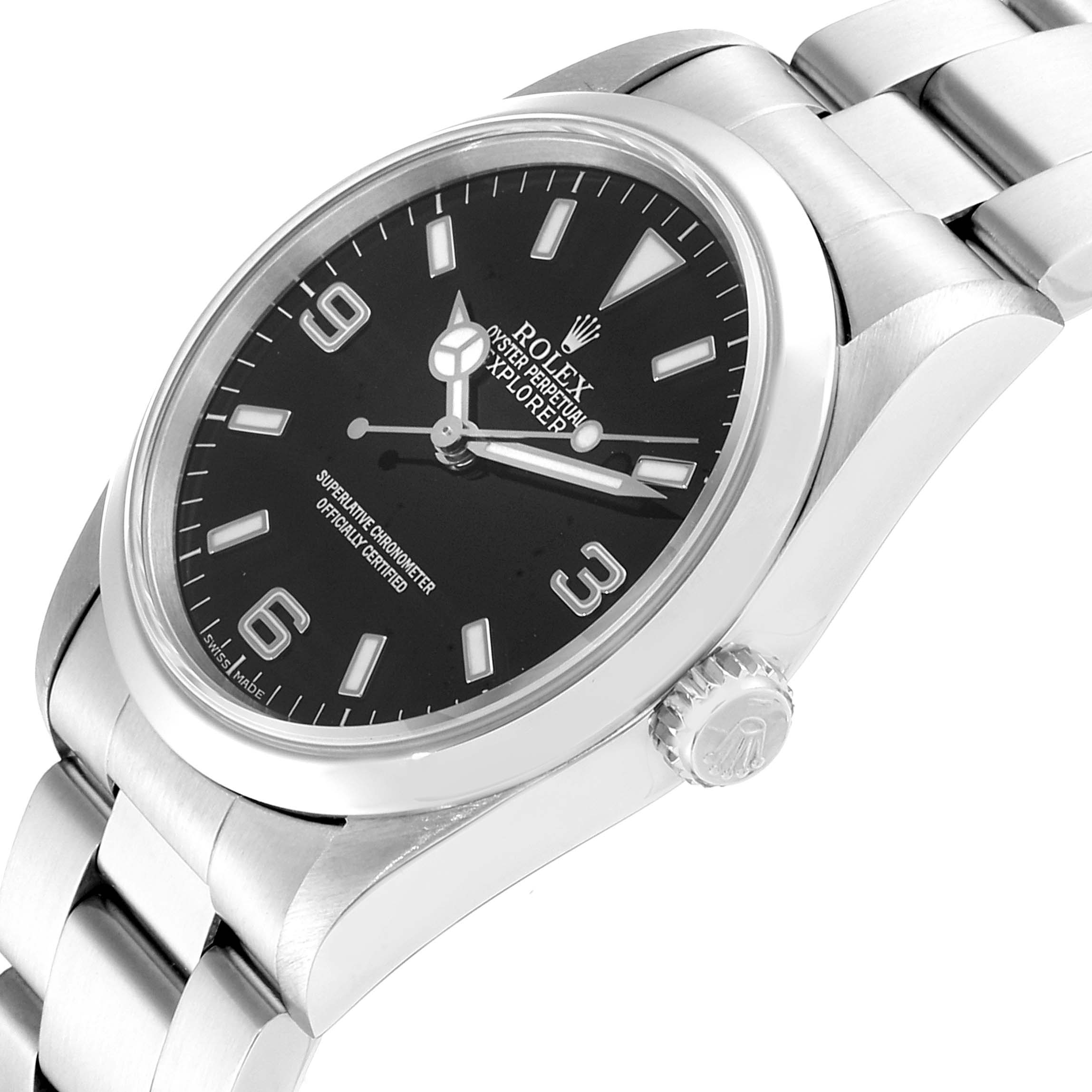 The image shows a Rolex Explorer 14270 Men
s Stainless Steel Black Dial 14270 Men
s Stainless Steel Black Dial watch at a slight angle, highlighting the face, crown, and part of the bracelet.