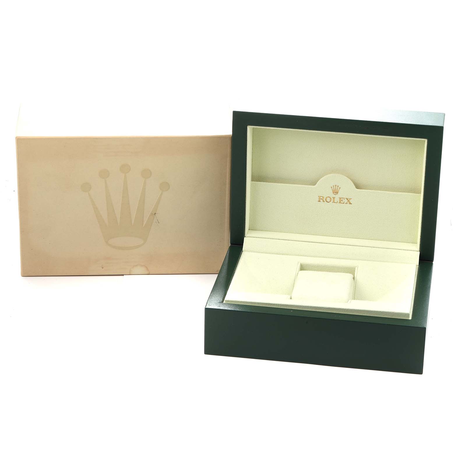The image shows an open Rolex watch box and outer packaging for the Explorer model, model number 114270, with the Rolex logo visible inside the box.