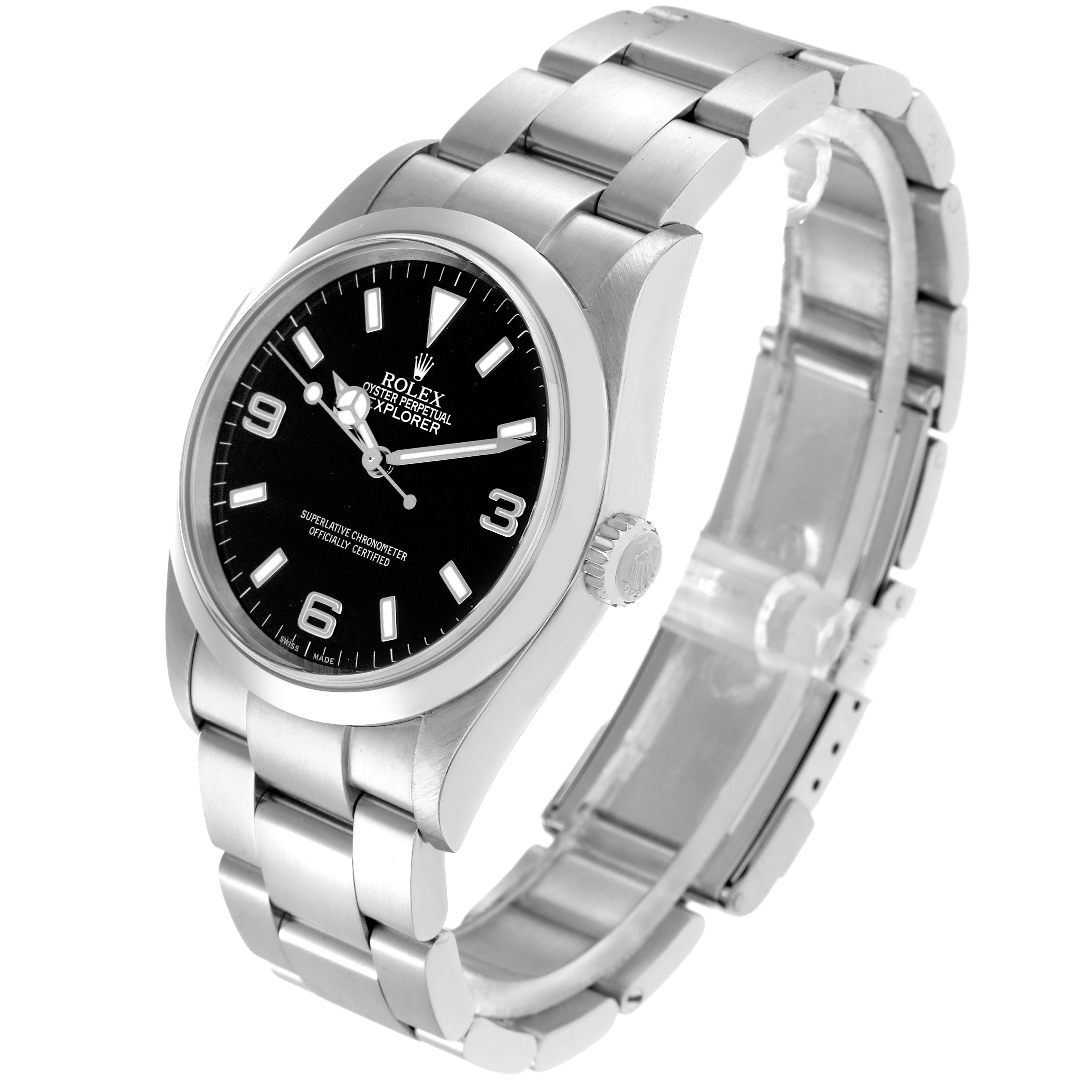 This Rolex Explorer model 114270 men's watch is shown at a three-quarter angle, displaying the face, bezel, crown, and part of the bracelet.
