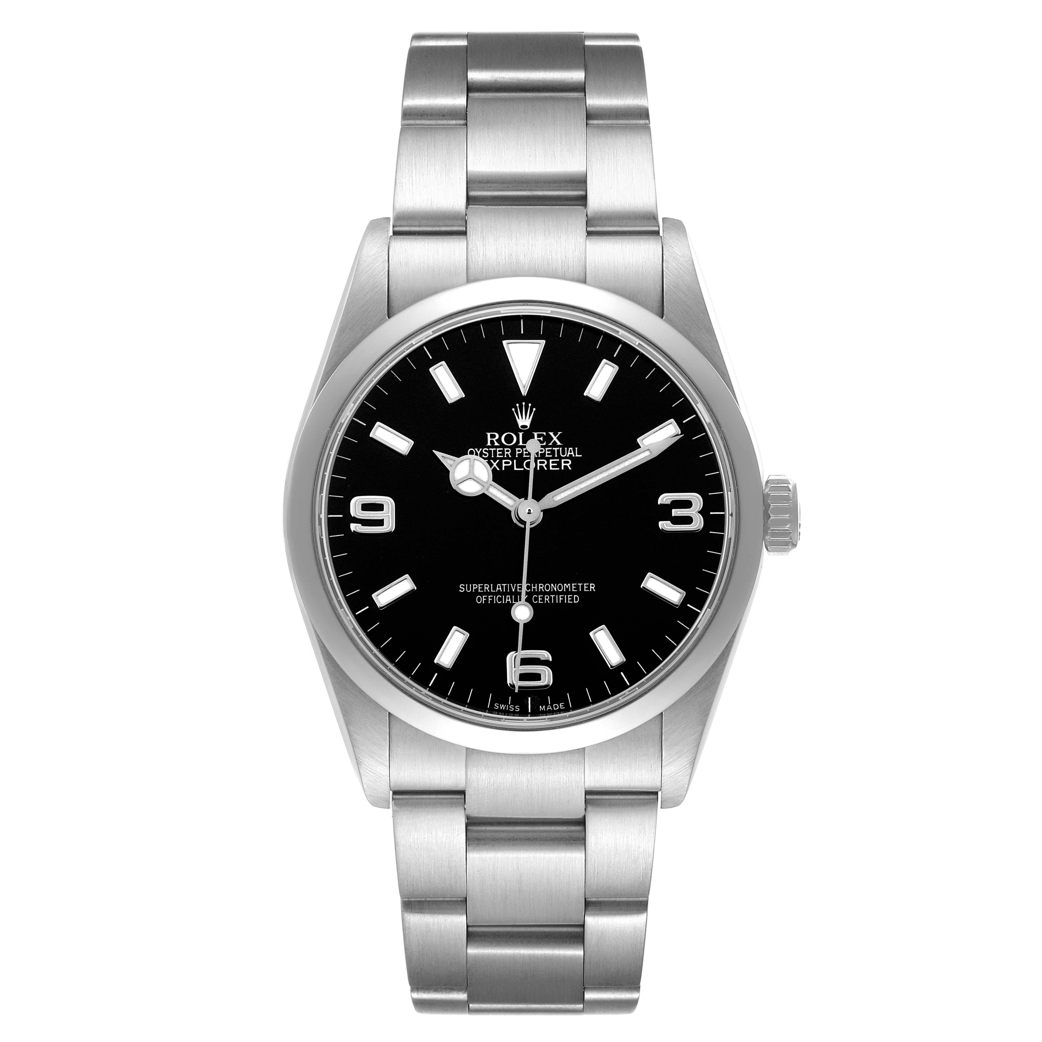 The Rolex Explorer model 114270 is shown from a direct-front angle, displaying the dial, bezel, crown, and the linked bracelet.