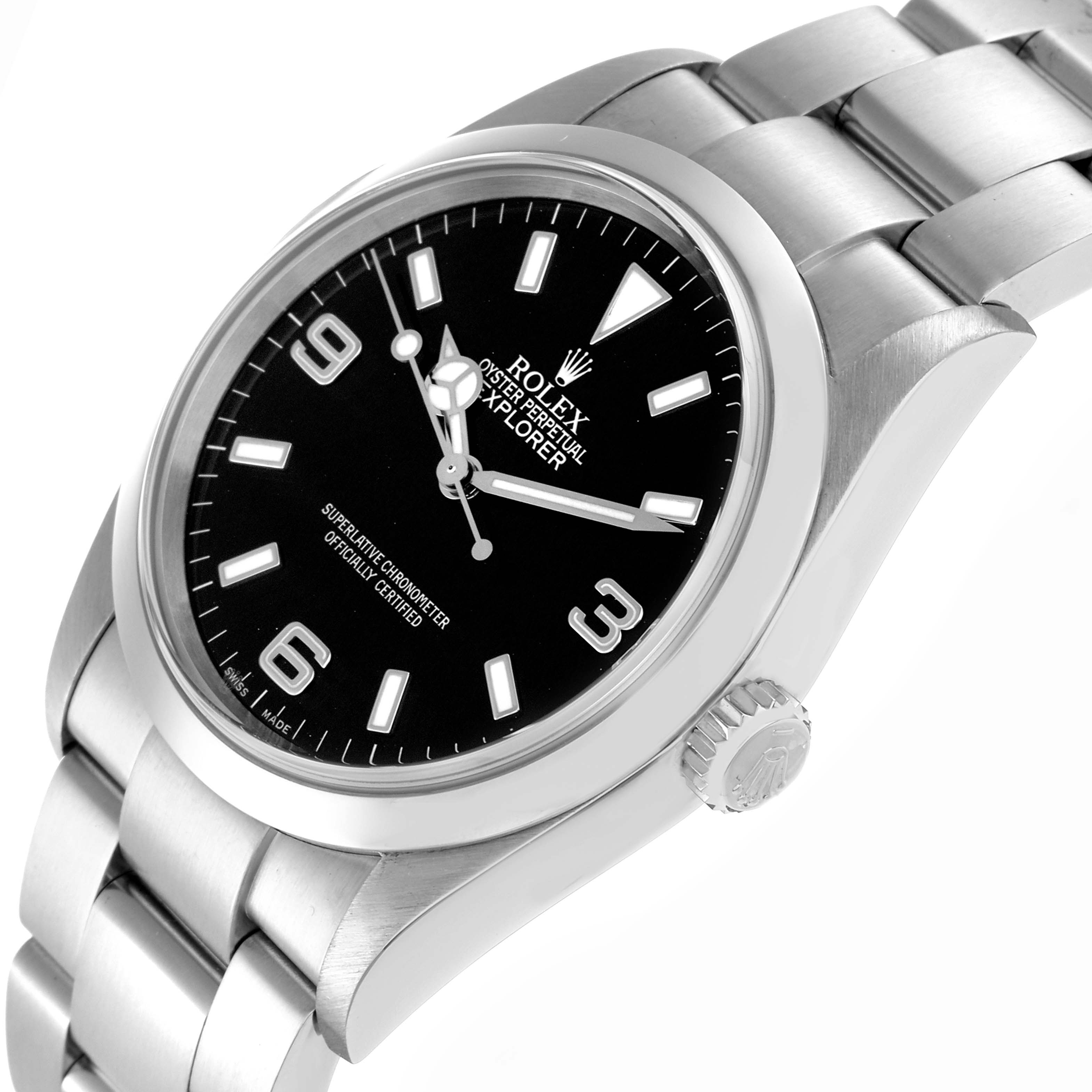 The Rolex Explorer model 114270 is shown from a side angle, highlighting the black dial, hands, crown, and part of the stainless steel bracelet.