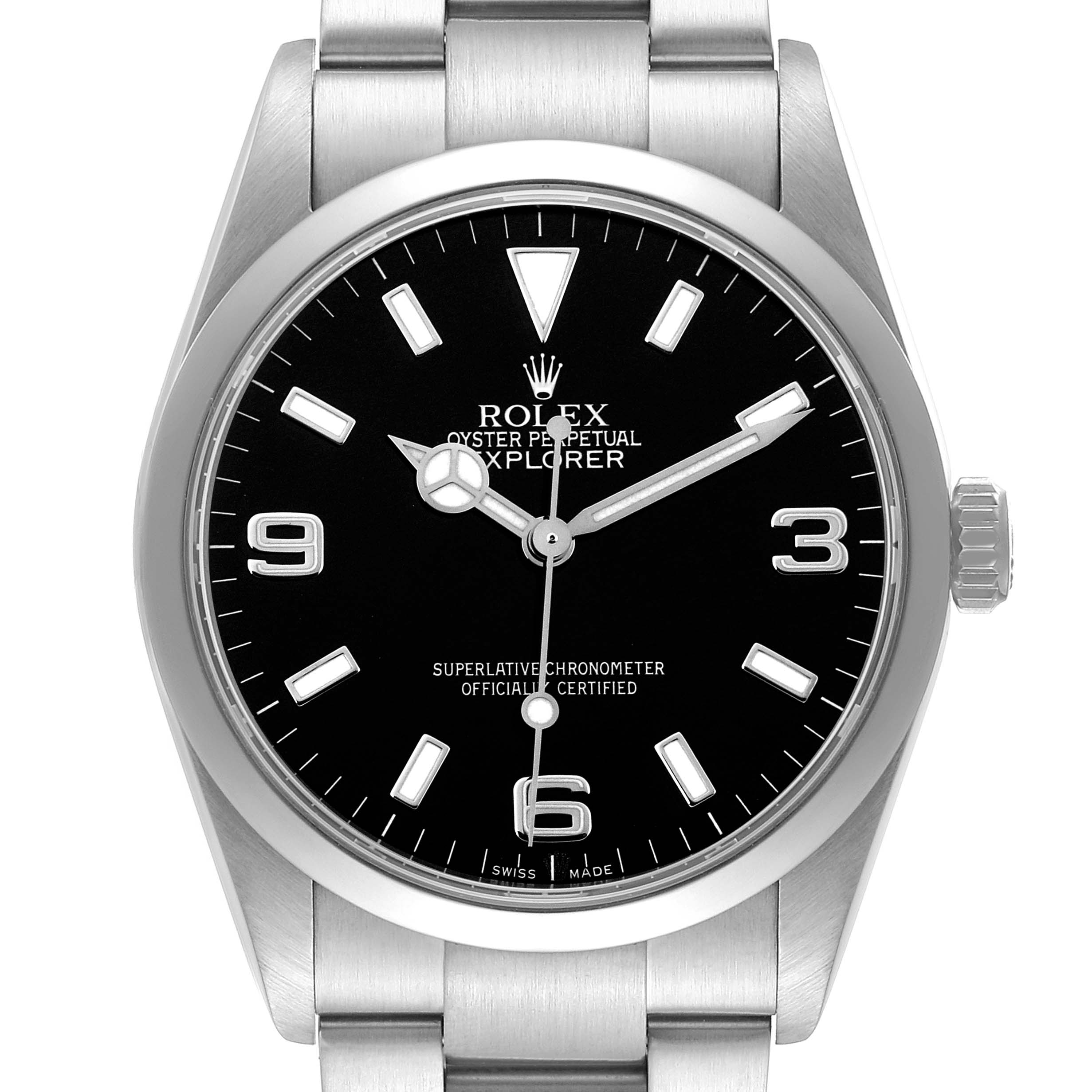 The Rolex Explorer model 114270 is shown from a front angle, displaying its black dial, hour markers, hands, and part of the bracelet.