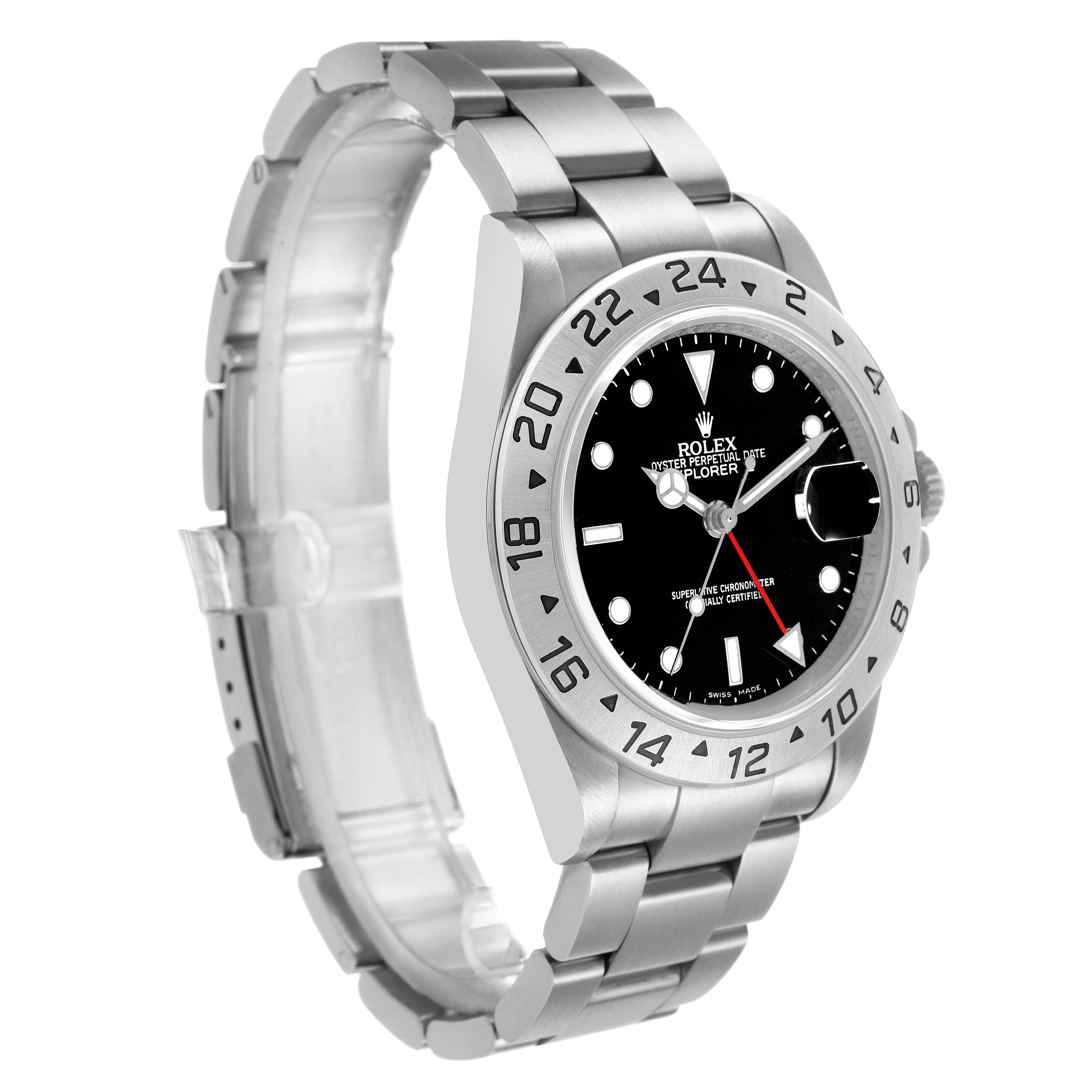 The Rolex Explorer 16570 Men's Stainless Steel Black Dial watch is shown at a side angle, highlighting the bezel, dial, bracelet, and partially opened clasp.
