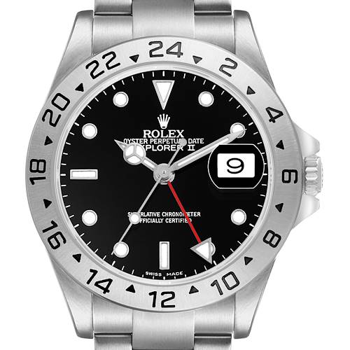 The Rolex Explorer 16570 Men's Stainless Steel Black Dial II watch is shown from a front angle, featuring the bezel, dial, hands, and date window prominently.