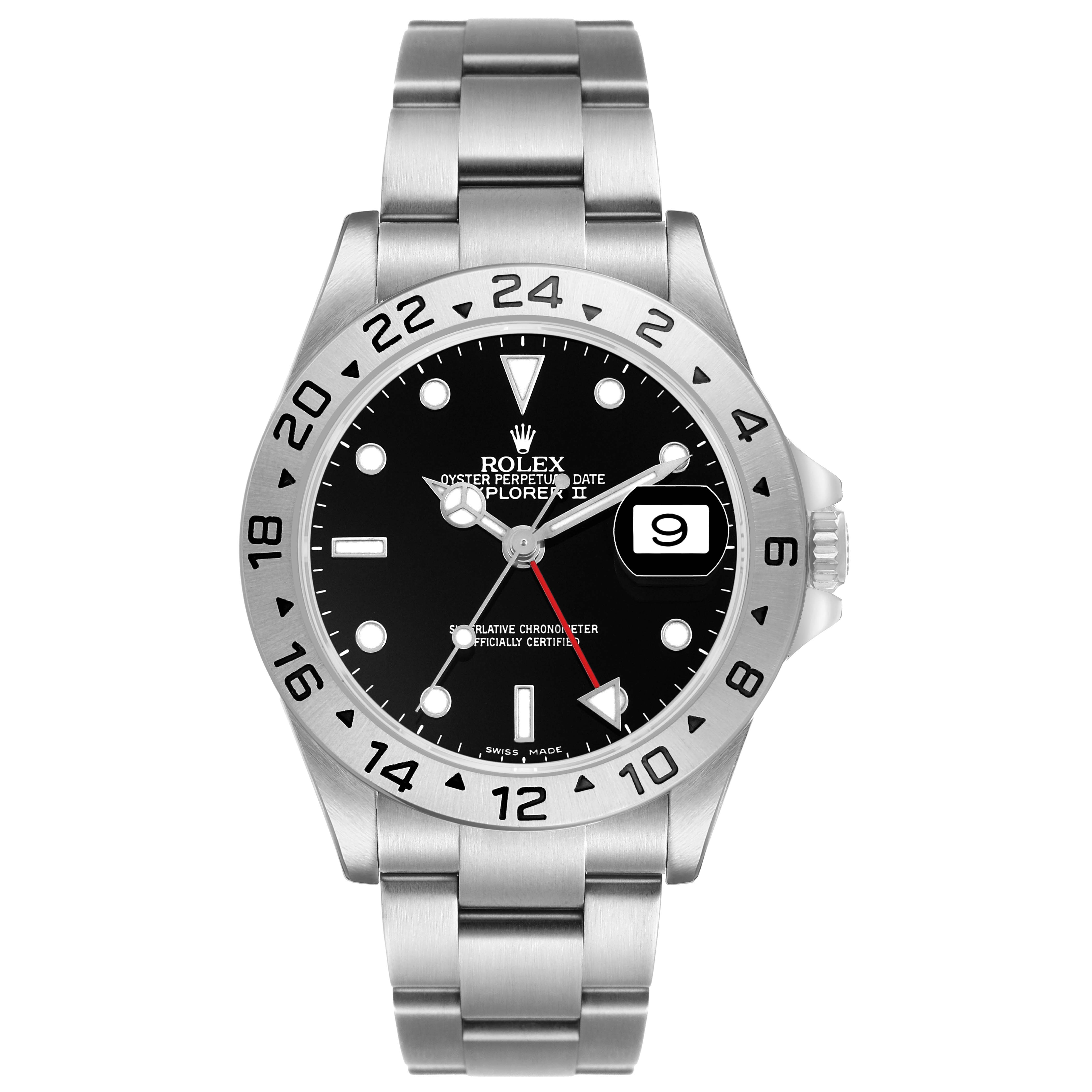The image shows a front view of the Rolex Explorer 16570 Men's Stainless Steel Black Dial watch, highlighting its dial, bezel, bracelet, and date feature.