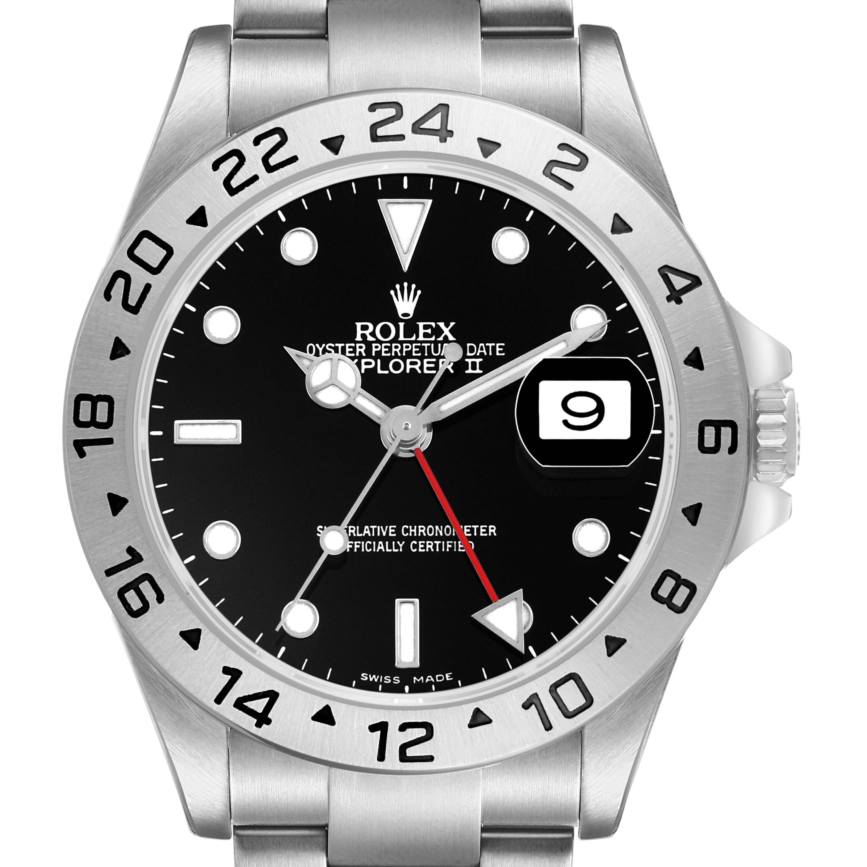 The Rolex Explorer 16570 Men's Stainless Steel Black Dial II watch is shown from a front angle, highlighting the bezel, dial, hands, and date window.