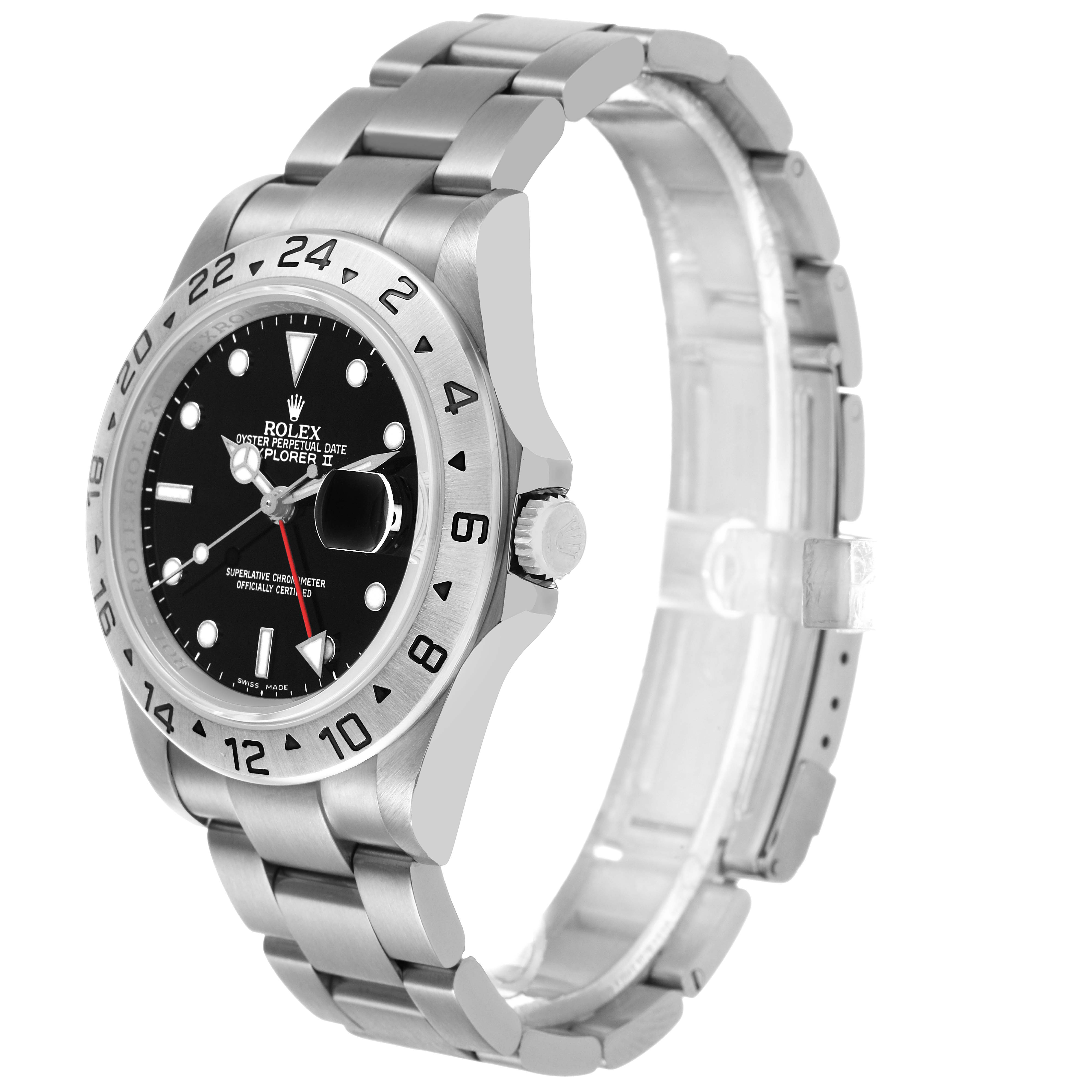The Rolex Explorer 16570 Men's Stainless Steel Black Dial model is shown at a side angle, highlighting the bezel, crown, and bracelet.
