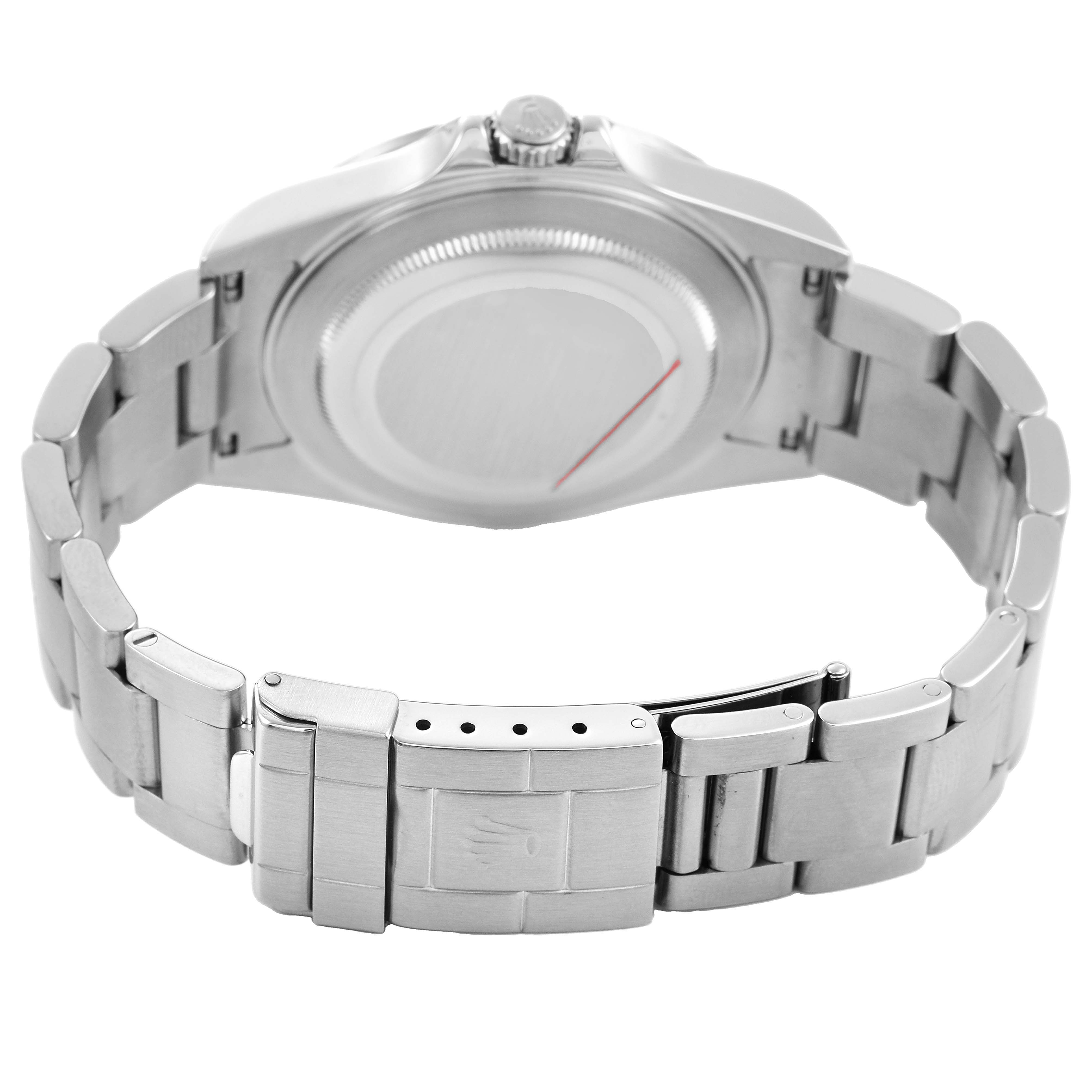 The image shows the back view of a Rolex Explorer 16570 Men's Stainless Steel Black Dial watch, highlighting the case back, bracelet, and clasp.