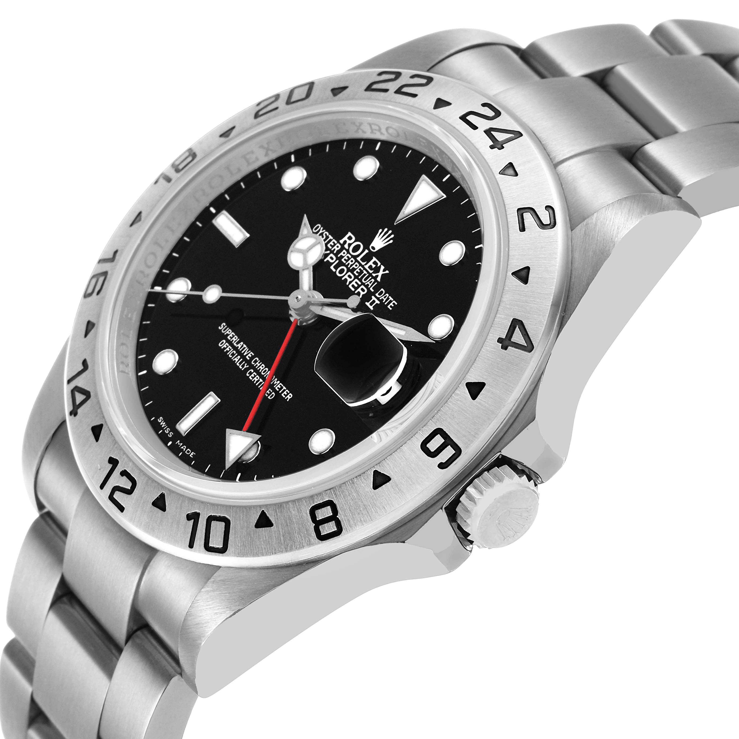 The Rolex Explorer 16570 Men's Stainless Steel Black Dial watch is shown at an angle highlighting its face, bezel, crown, and part of the bracelet.