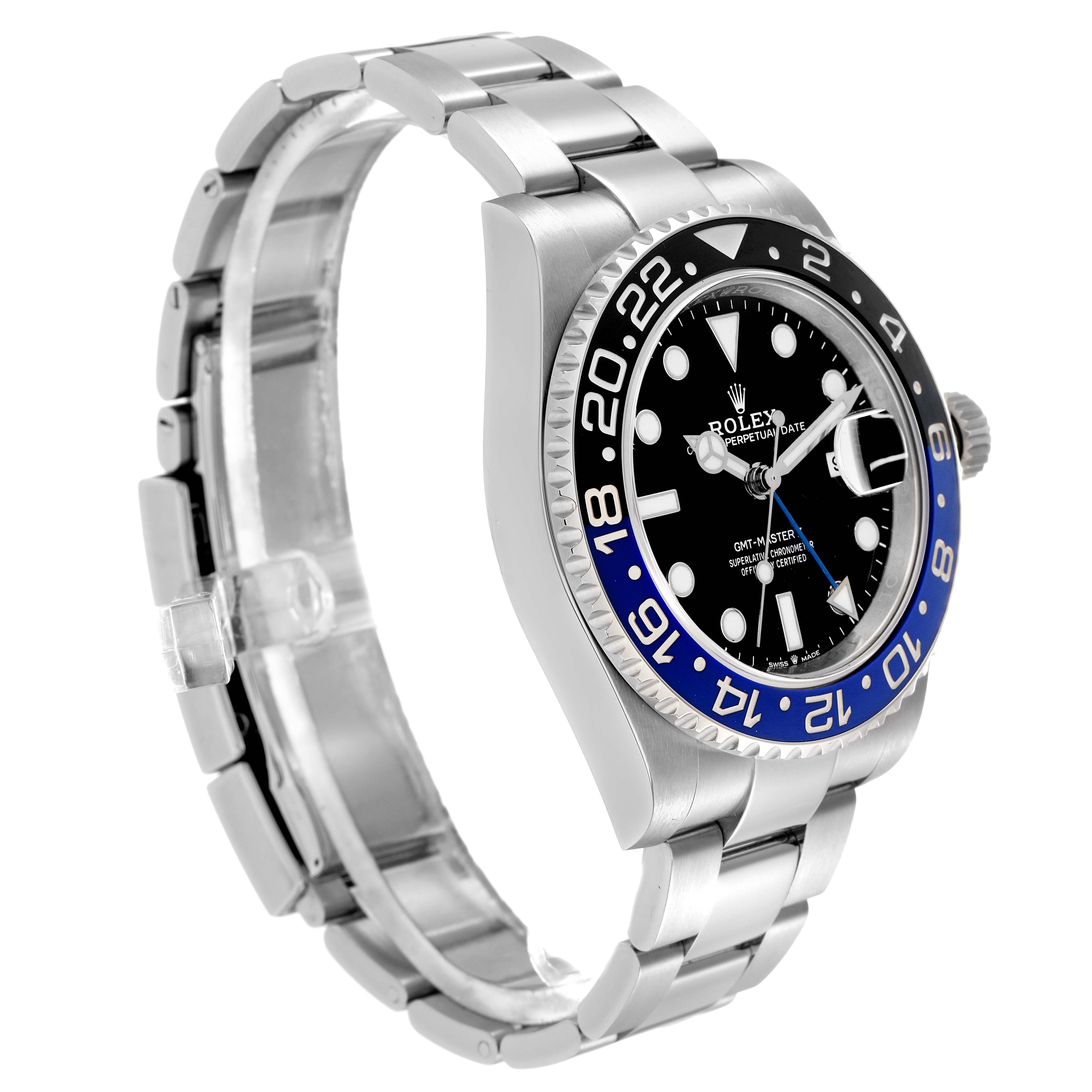 The image shows a Rolex GMT-Master model 126710 watch angled to highlight the side profile, bezel, face, and part of the bracelet.