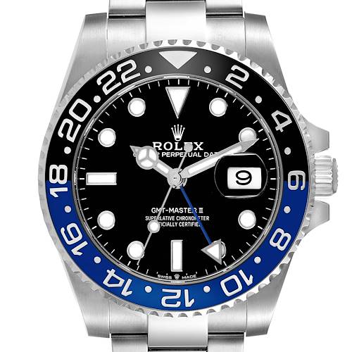 The image shows a front view of the Rolex GMT-Master II, model number 126710, displaying its bezel, dial, hands, date window, and bracelet.