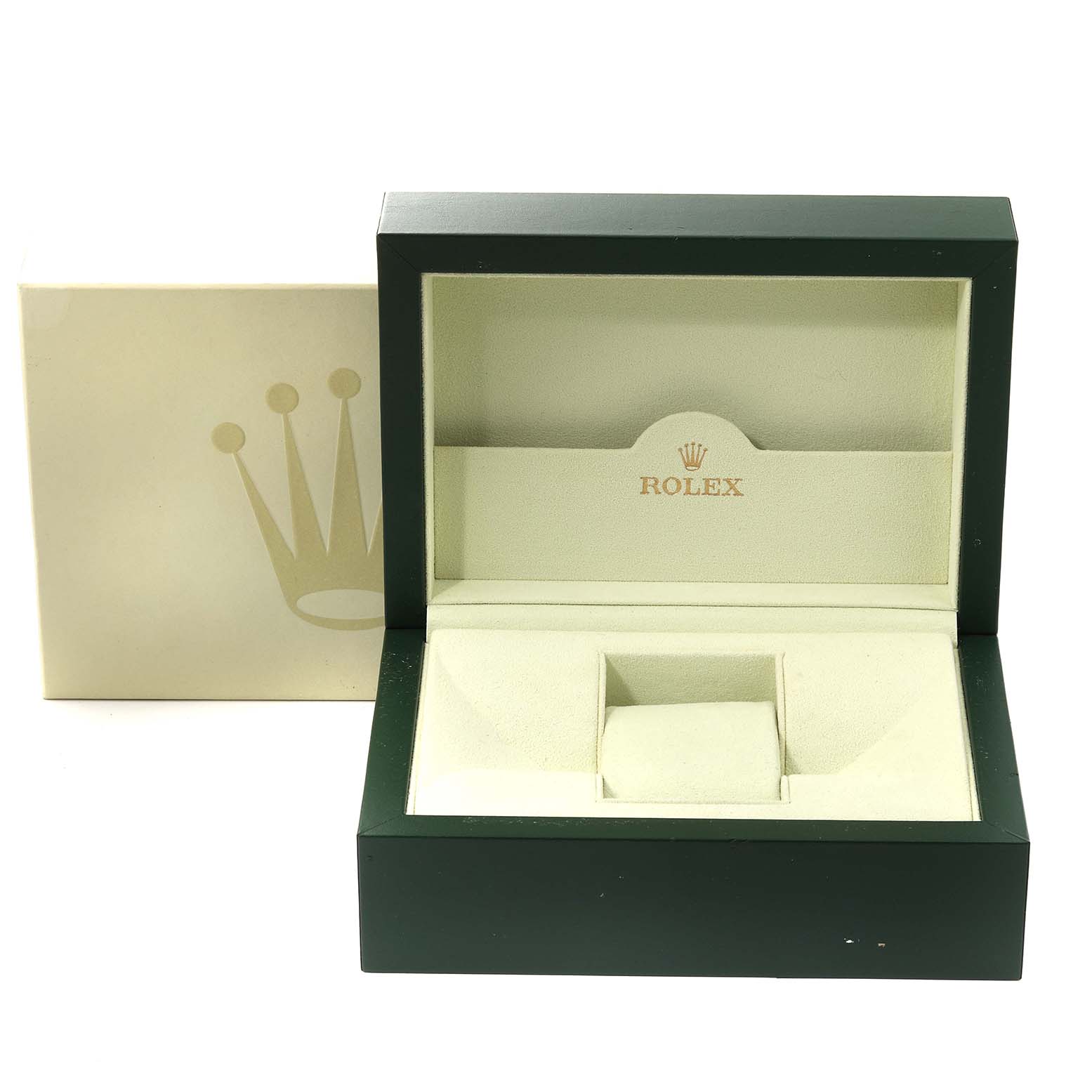 The image shows an opened green and beige Rolex box with the logo inside, presumably for a GMT-Master model watch.