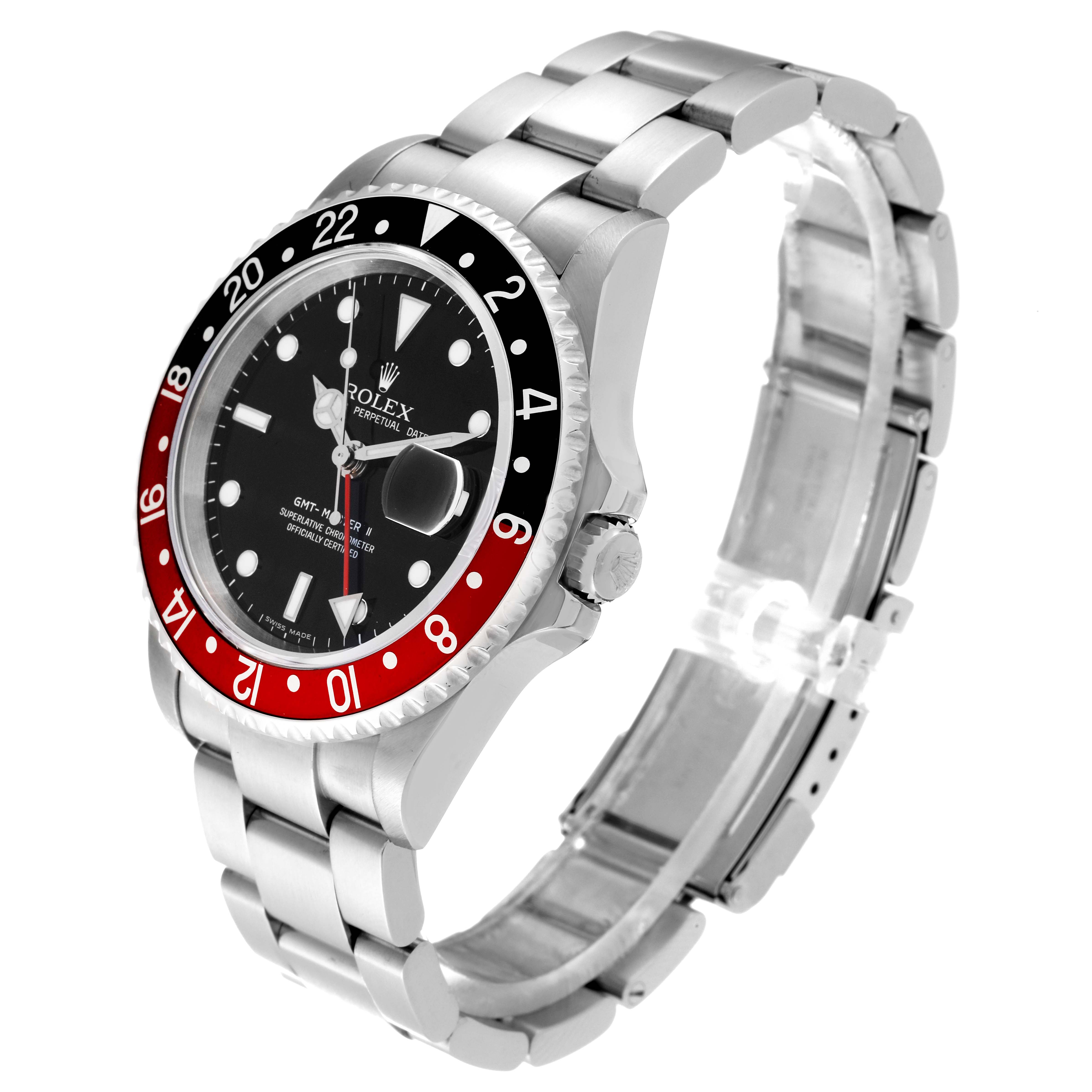 The Rolex GMT-Master 16710 Men's Stainless Steel Black Dial 16710 Men's Stainless Steel Black Dial watch is shown at a three-quarter angle, displaying the bezel, dial, case, and bracelet.