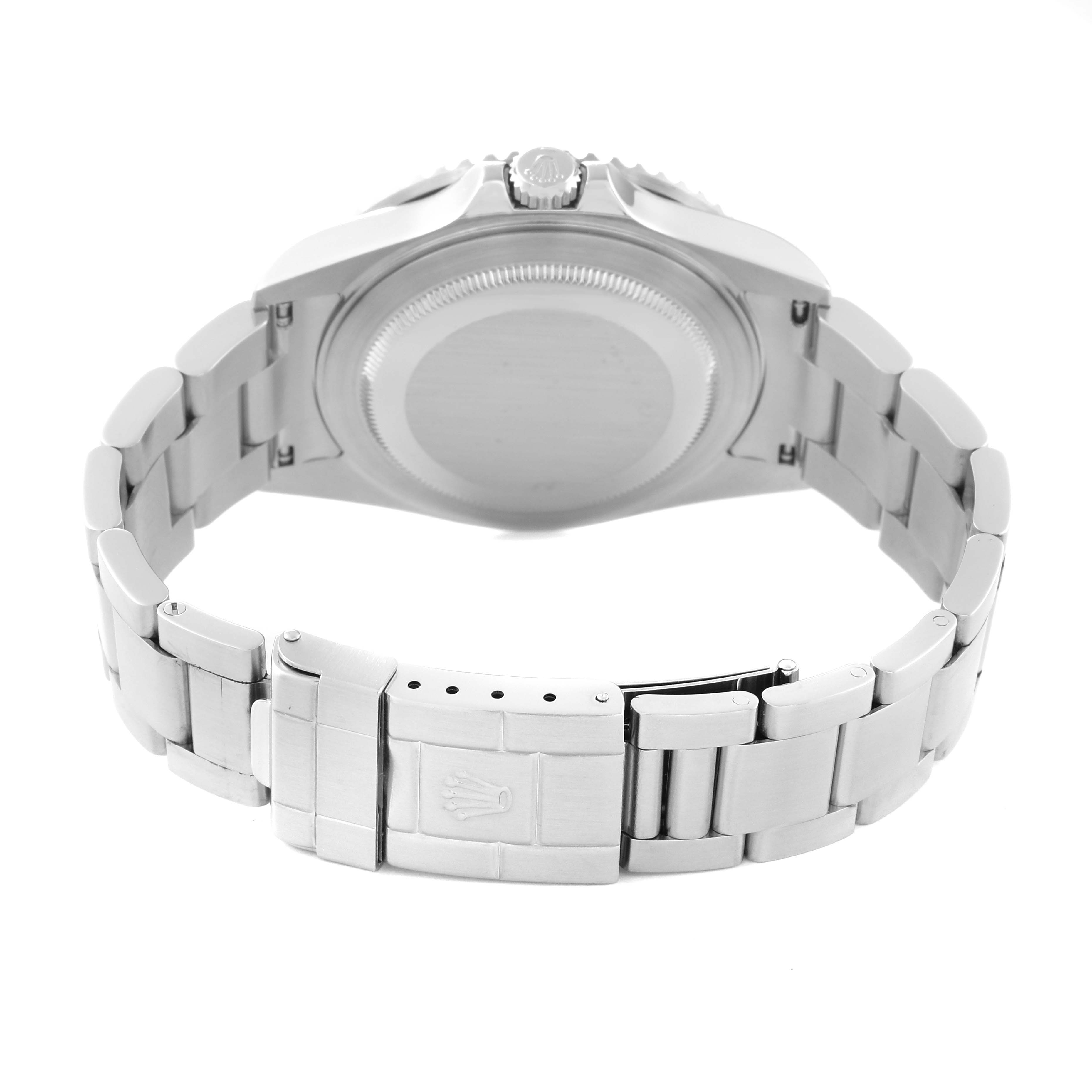 The image shows the back view of the Rolex GMT-Master 16710 Men's Stainless Steel Black Dial 16710 Men's Stainless Steel Black Dial watch, focusing on the case back, bracelet, and clasp.