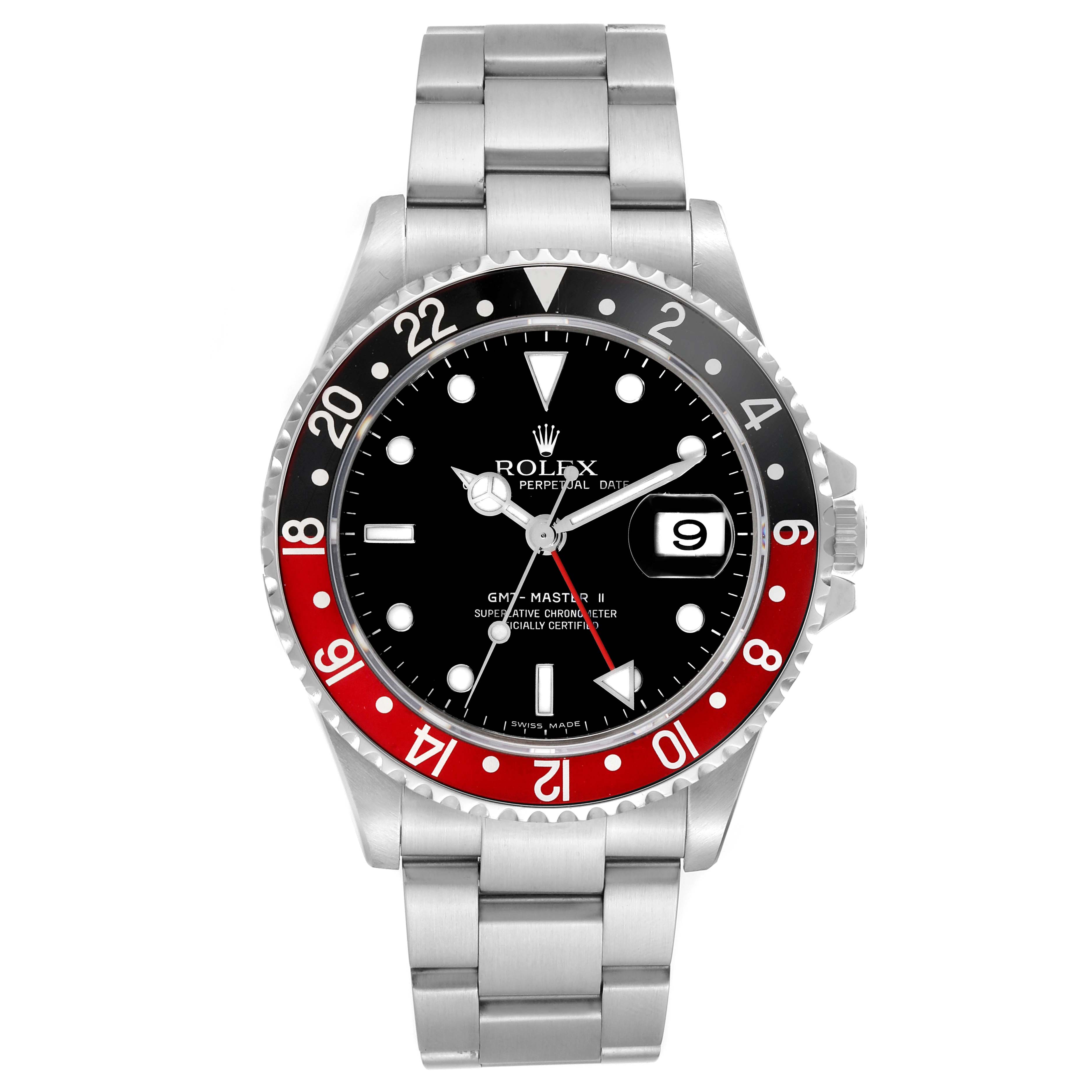 The Rolex GMT-Master 16710 Men's Stainless Steel Black Dial 16710 Men's Stainless Steel Black Dial watch is shown from a top-down angle, displaying the dial, bezel, and bracelet.