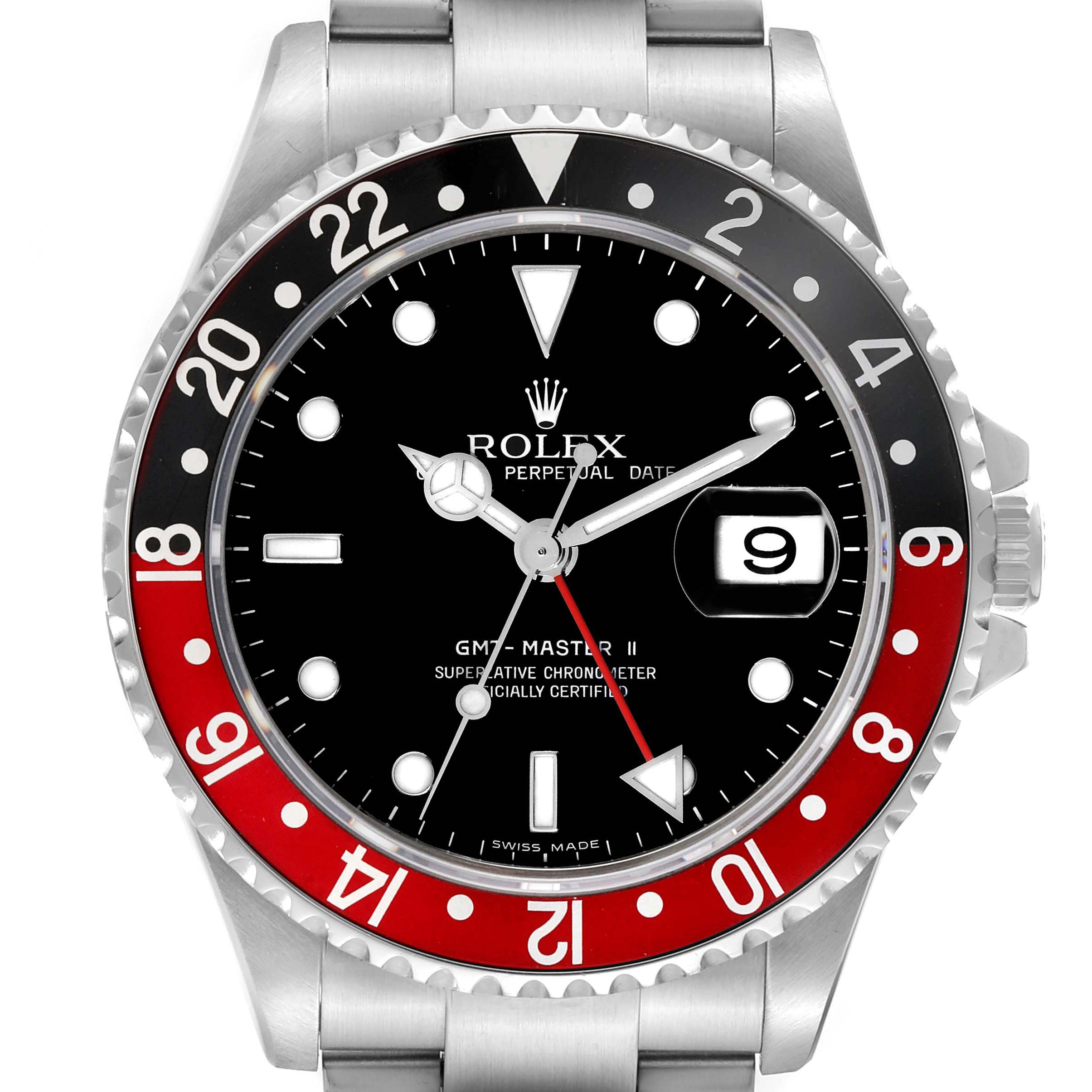 The image shows a front view of the Rolex GMT-Master 16710 Men's Stainless Steel Black Dial 16710 Men's Stainless Steel Black Dial II watch, highlighting the bezel, dial, hands, and date window.