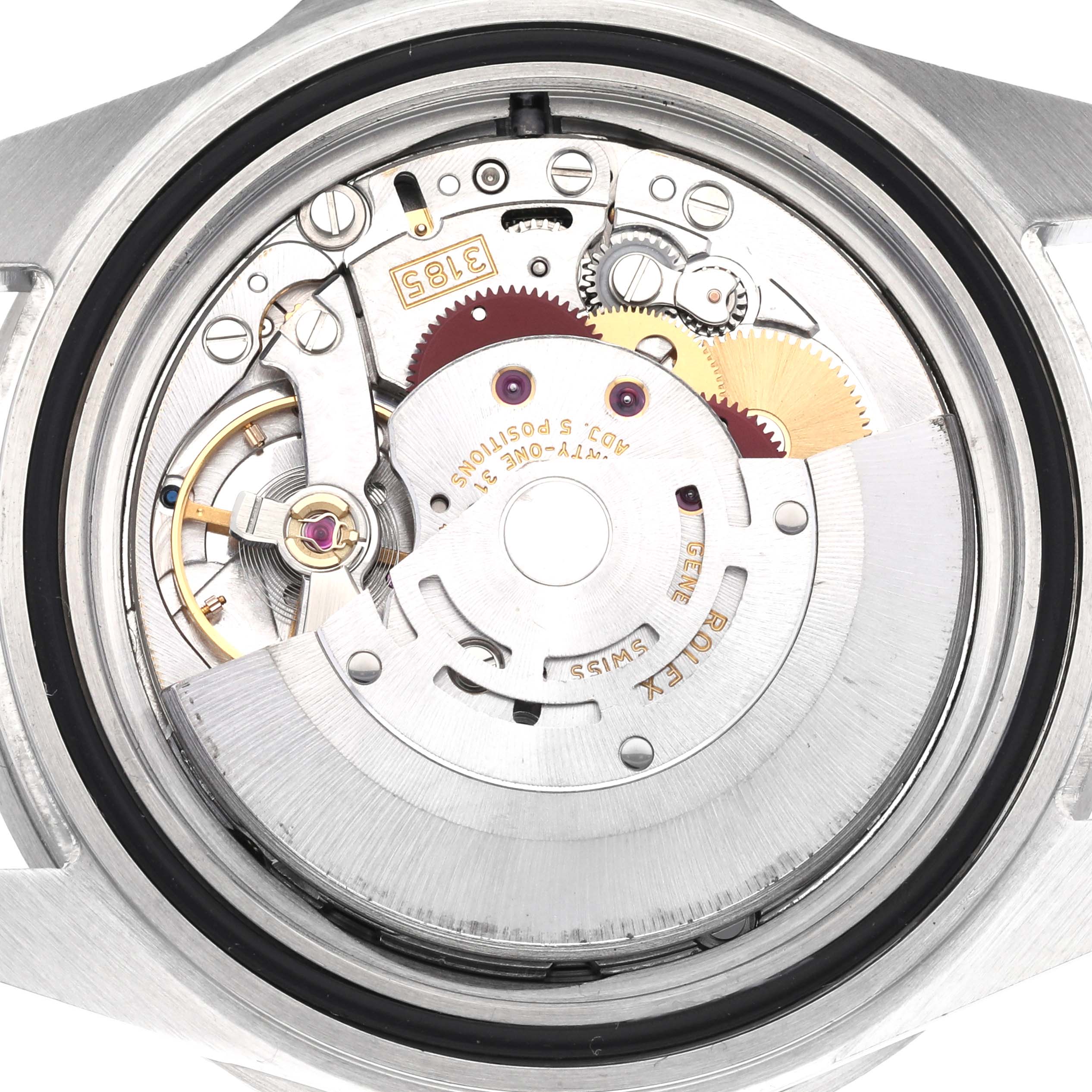 This image shows a close-up view of the internal mechanism of a Rolex GMT-Master 16710 Men's Stainless Steel Black Dial 16710 Men's Stainless Steel Black Dial watch.