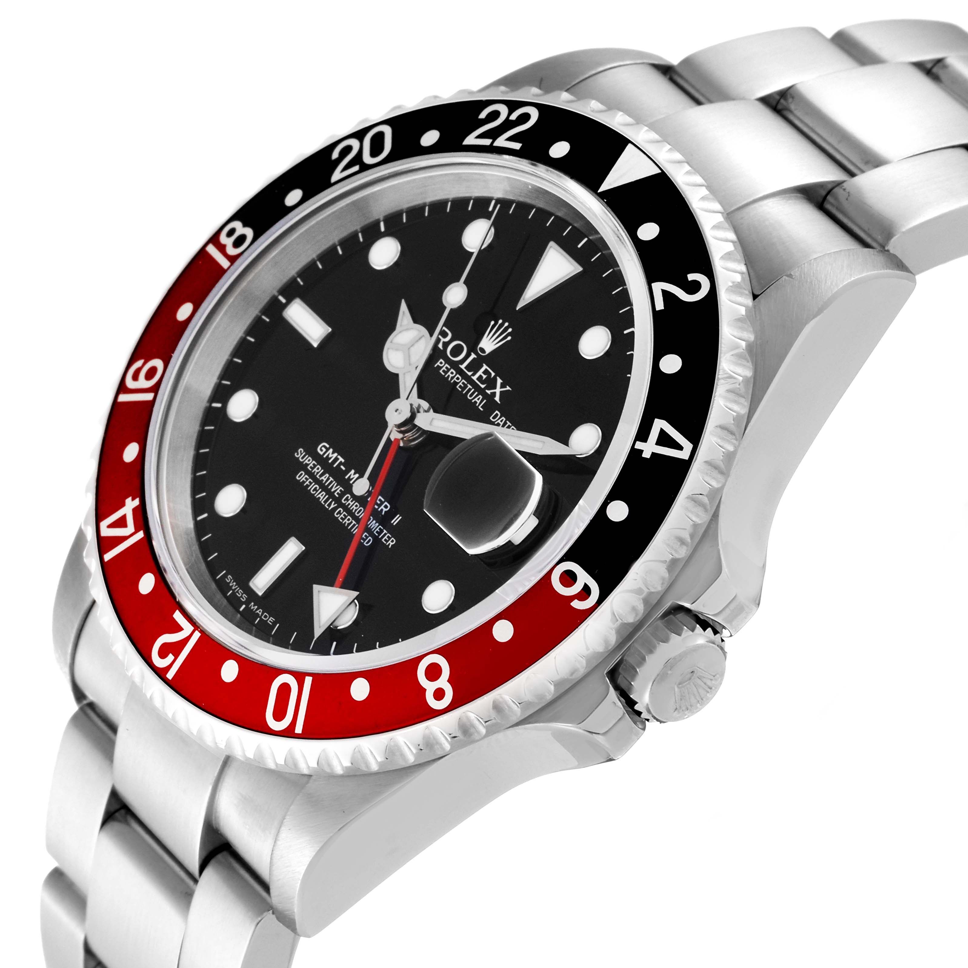 The Rolex GMT-Master 16710 Men's Stainless Steel Black Dial 16710 Men's Stainless Steel Black Dial watch is shown at an angled view, highlighting the bezel, dial, crown, and bracelet.