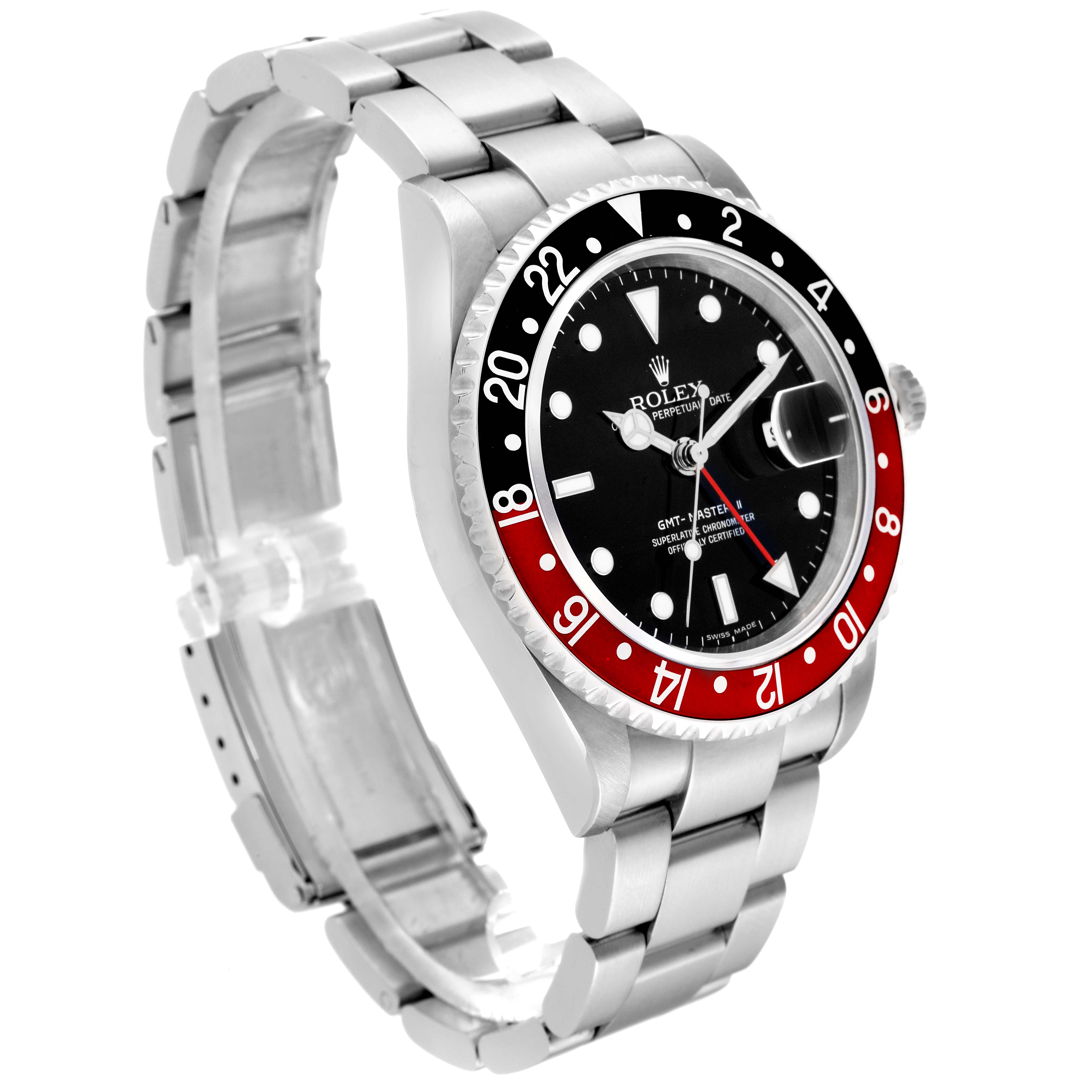 This image shows a Rolex GMT-Master 16710 Men's Stainless Steel Black Dial 16710 Men's Stainless Steel Black Dial watch at a slight angle, highlighting its bezel, dial, and stainless steel bracelet.