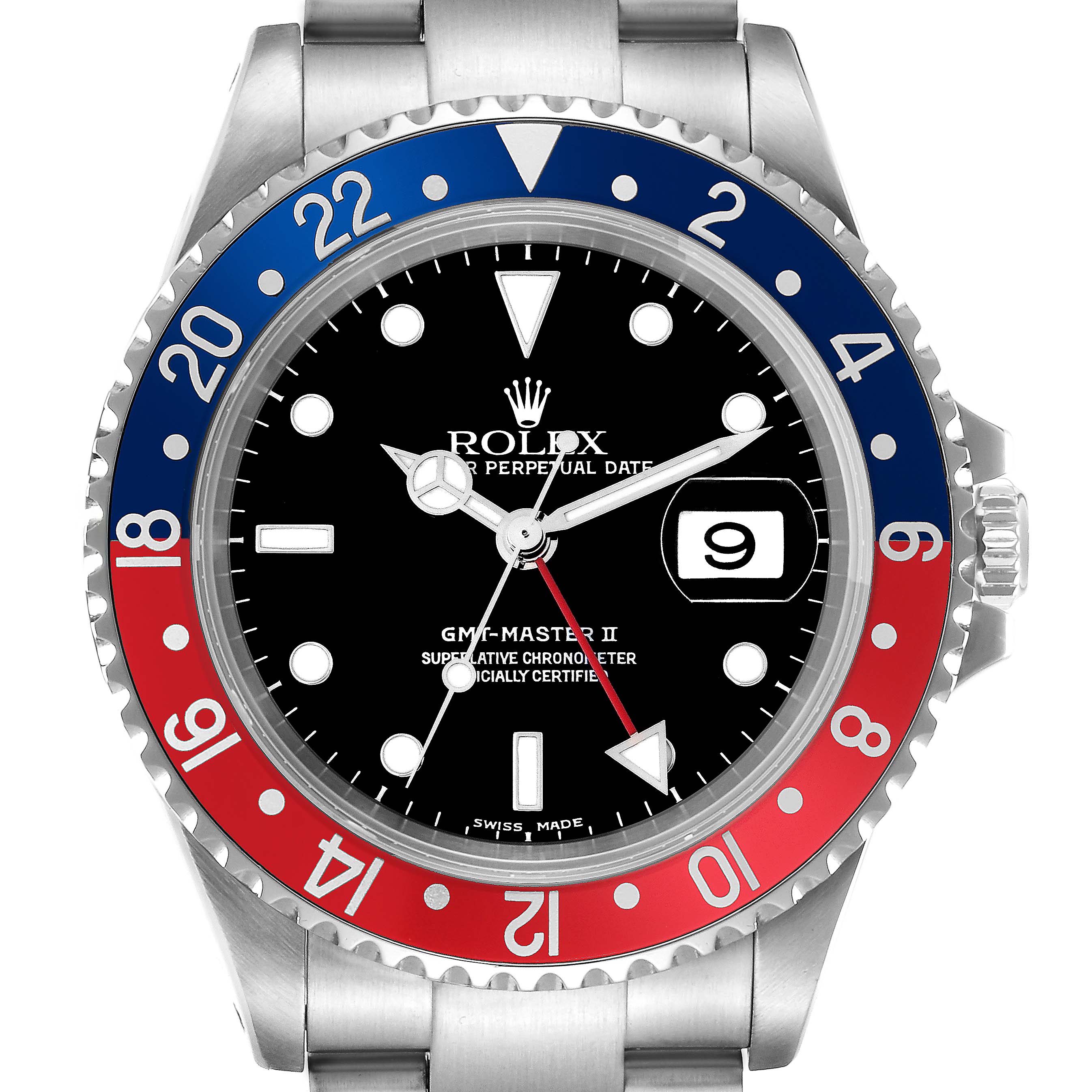 The image shows a frontal view of a Rolex GMT-Master II 16710 men's watch, featuring a black dial, red and blue bezel, and stainless steel bracelet.