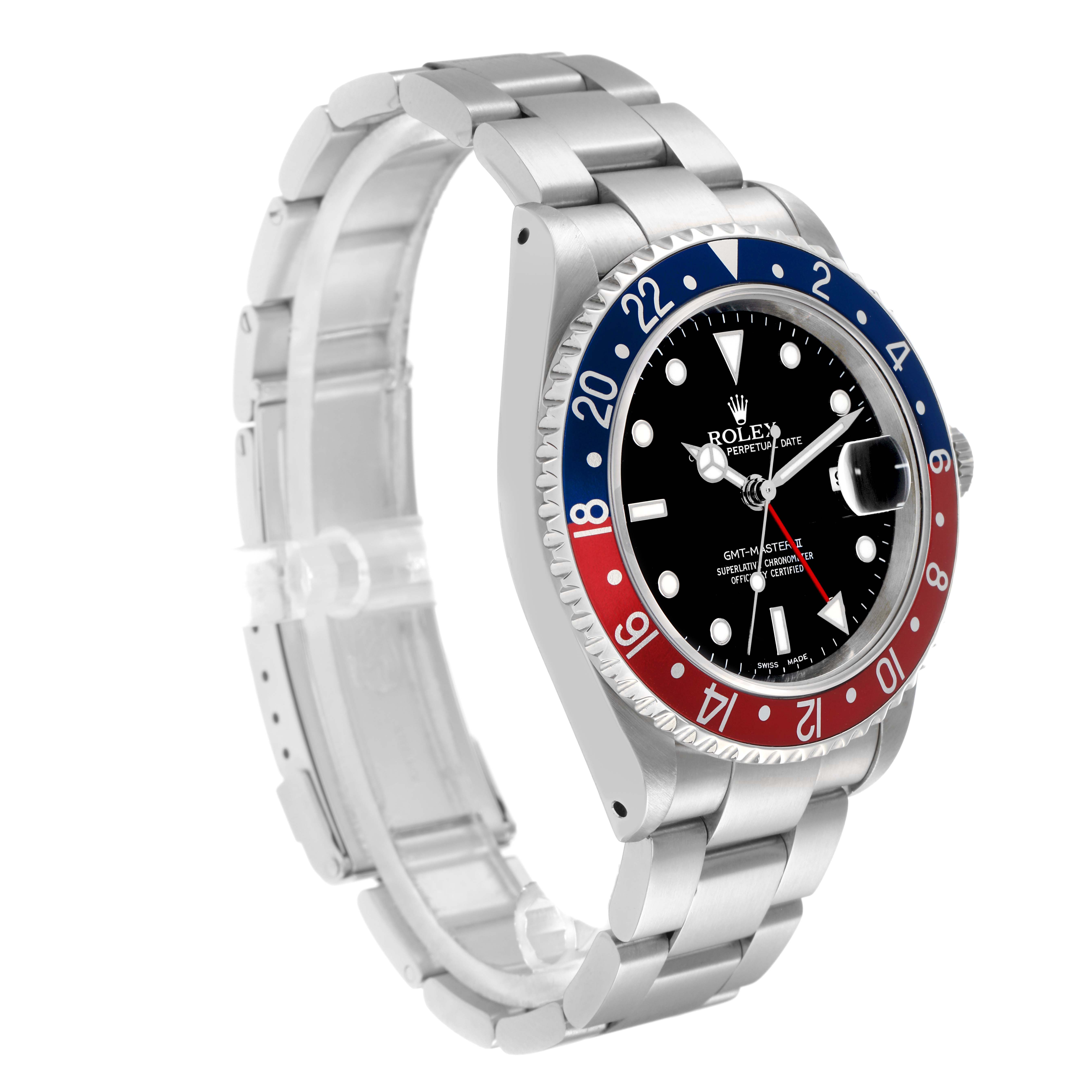 The Rolex GMT-Master model 16710 is shown at a slight angle displaying the face, bezel, crown, and bracelet.