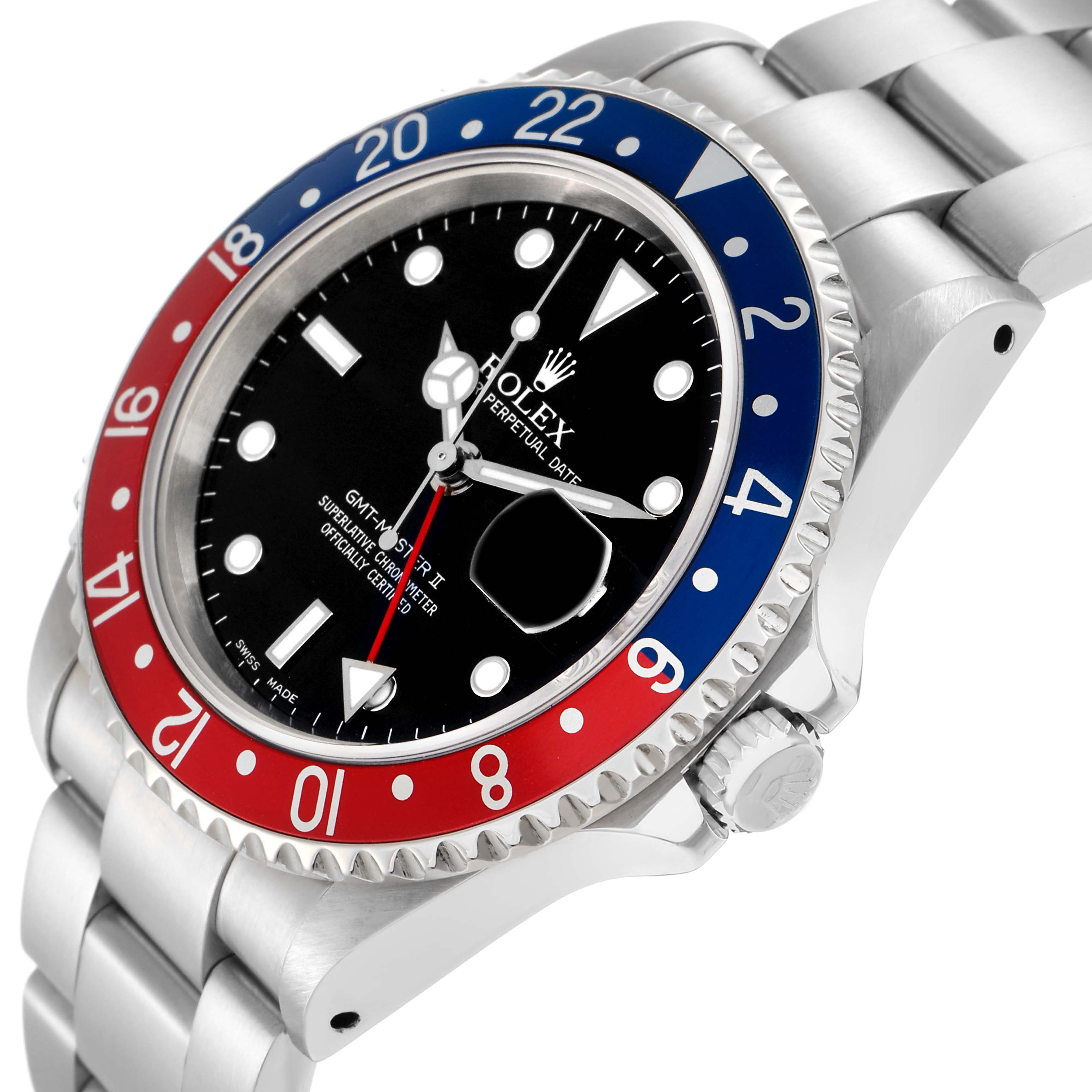 The Rolex GMT-Master model 16710 is shown at a slight angle highlighting the face, bezel, crown, and part of the bracelet.