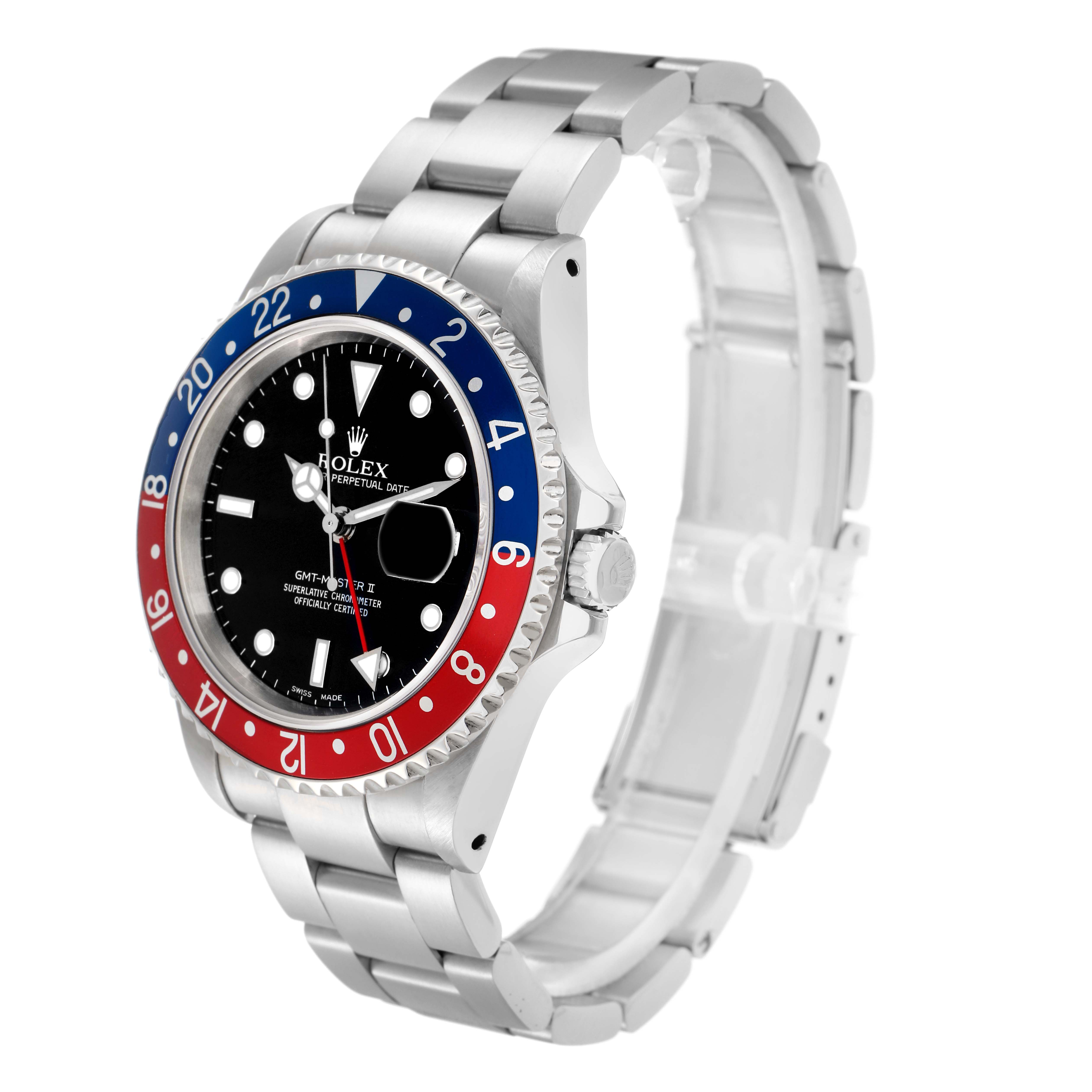 The Rolex GMT-Master model 16710 is shown at a three-quarter angle, highlighting the bezel, dial, and bracelet.
