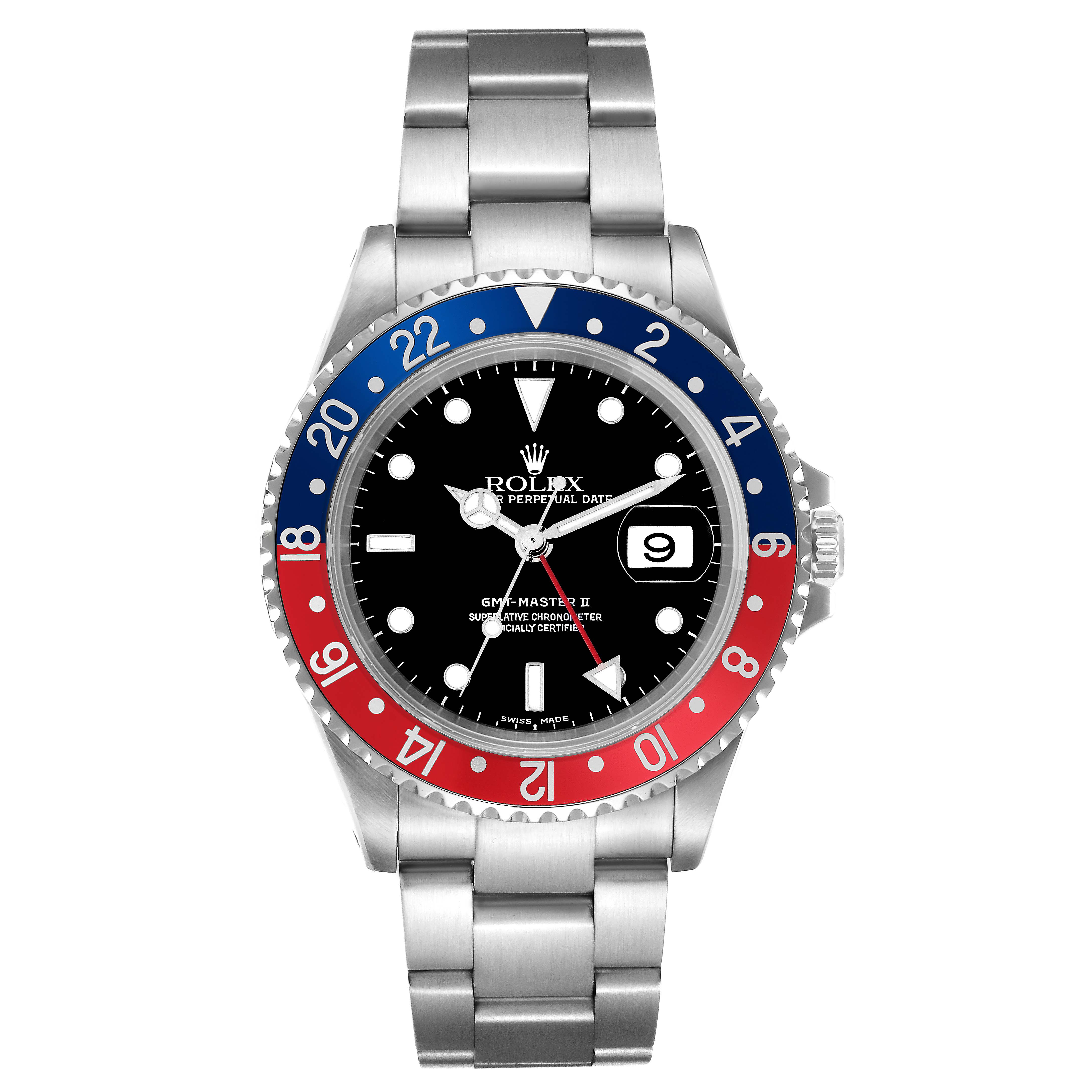 The image shows a Rolex GMT-Master model 16710 men's watch from a front angle, highlighting the dial, bezel, and bracelet.