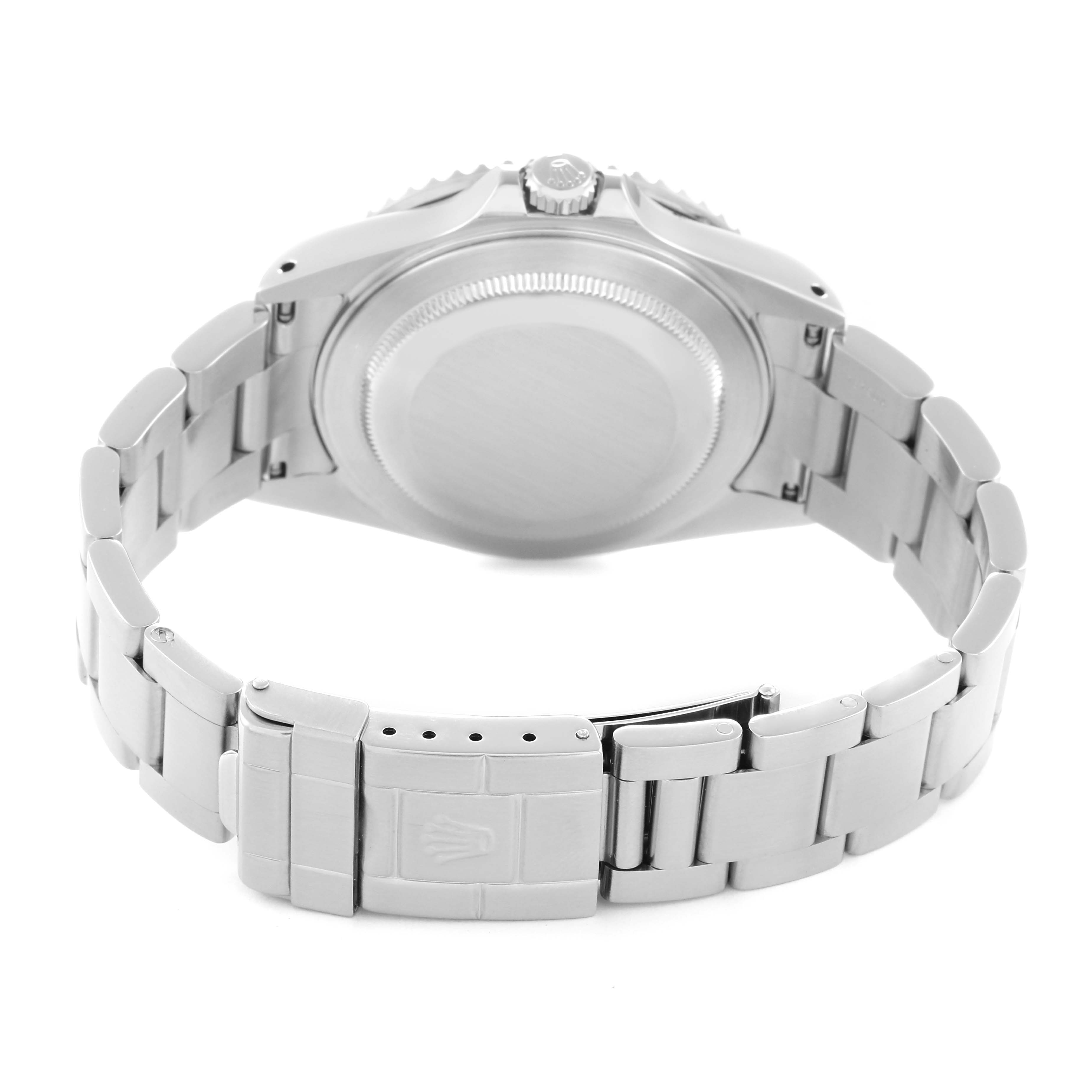 The image shows the back view of the Rolex GMT-Master model 16710, highlighting the clasp, bracelet, and case back.