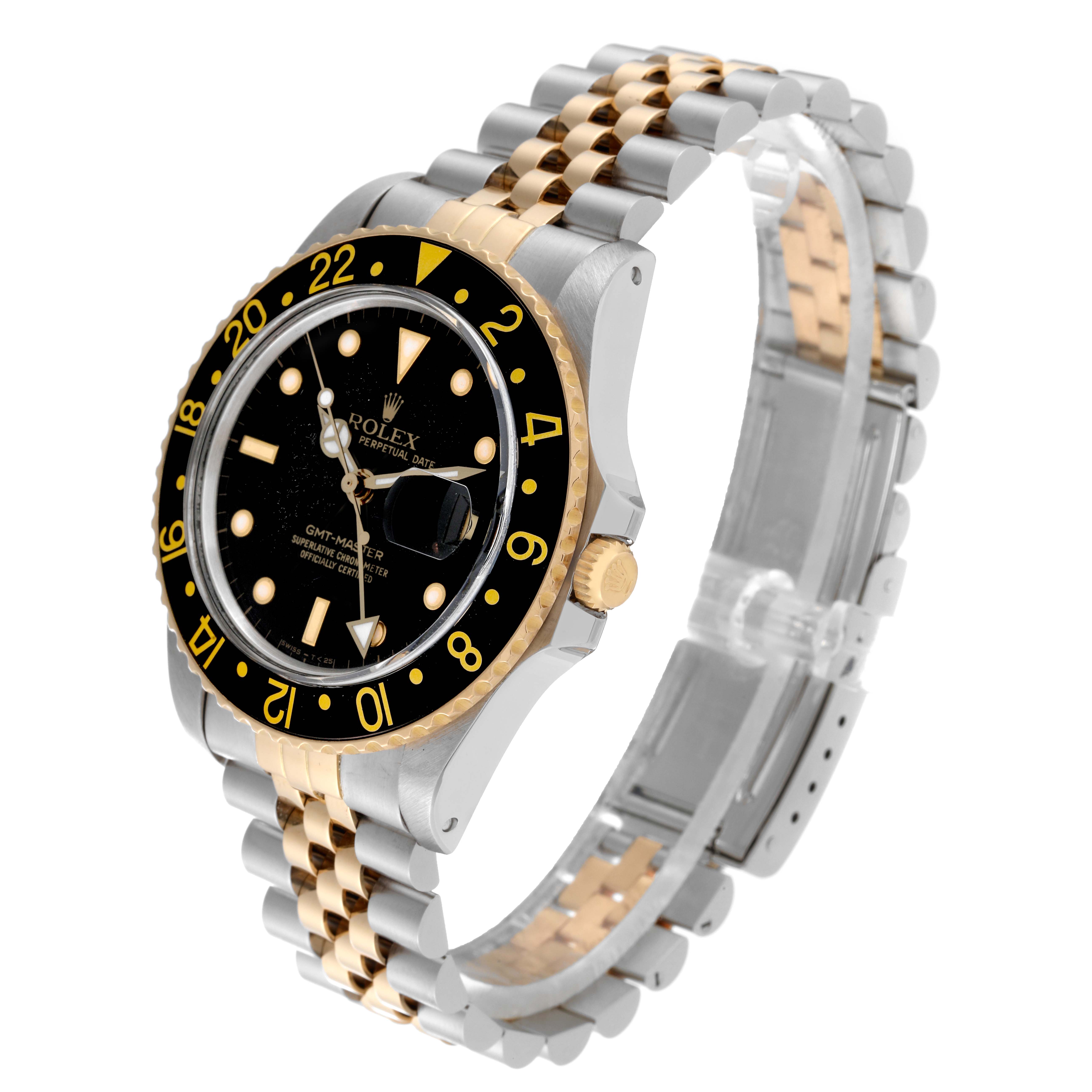 The Rolex Vintage Collection 16753 Men's Steel and Gold (two tone) Black Dial 16753 Men's Steel and Gold (two tone) Black Dial GMT-Master watch is shown at a three-quarter angle, highlighting the black dial, bezel, and two-tone bracelet.